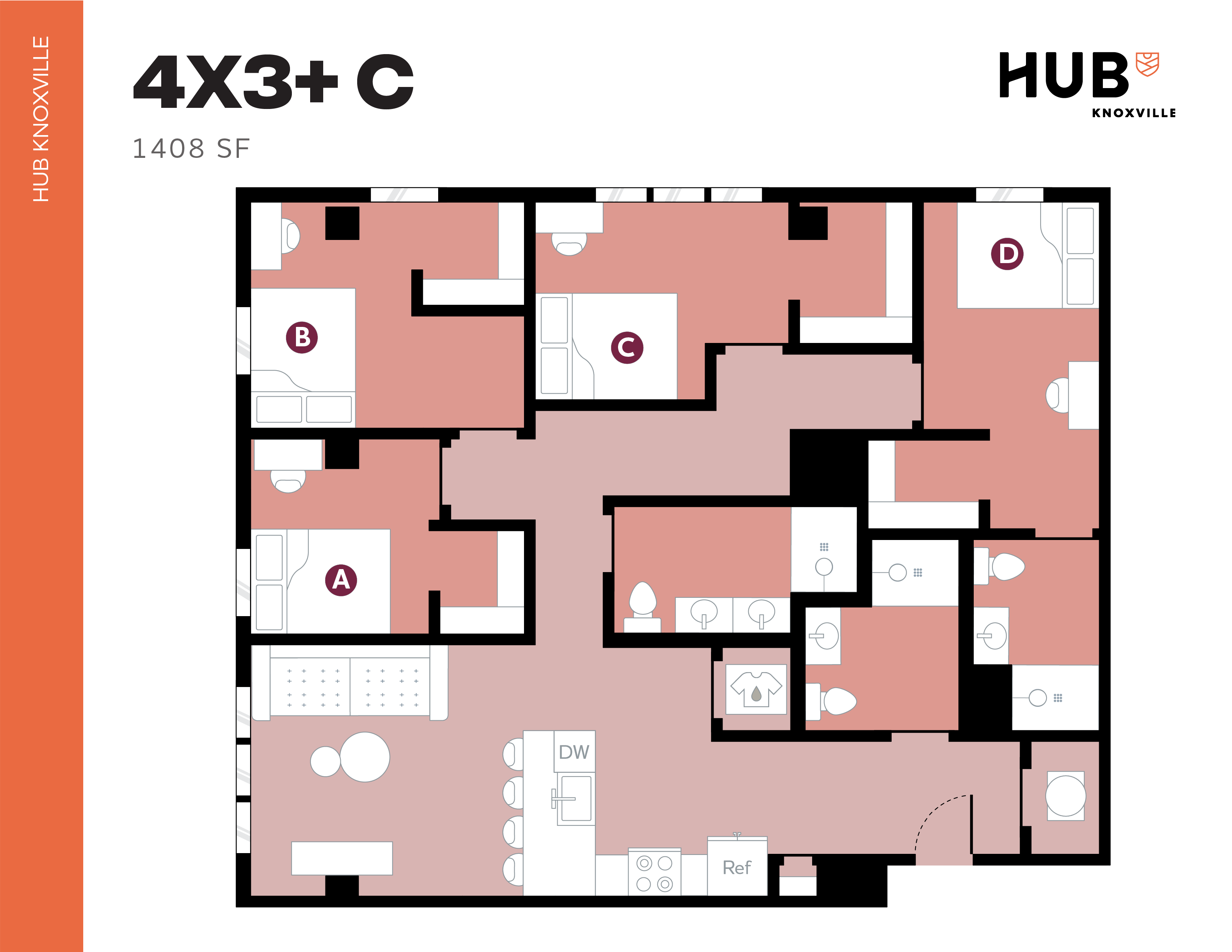 Modern 4-bedroom floor plan at Hub Knoxville, featuring a spacious living area and centralized kitchen, 1408 sq ft.