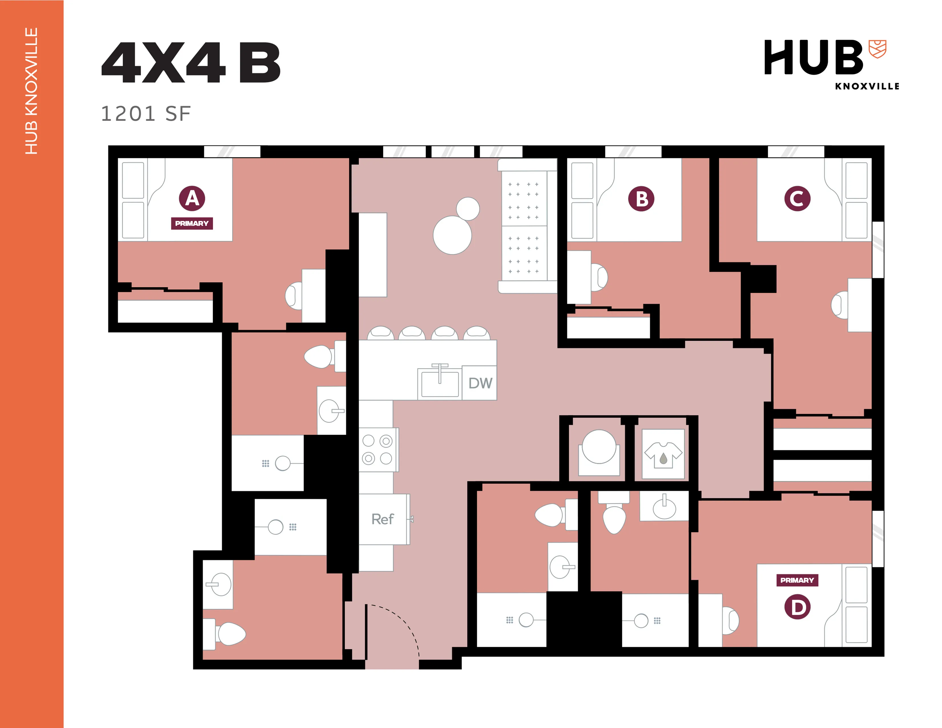 4X4 B floor plan at HUB Knoxville, featuring 4 spacious bedrooms, ample living space, modern kitchen, and multiple bathrooms, totaling 1201 square feet.