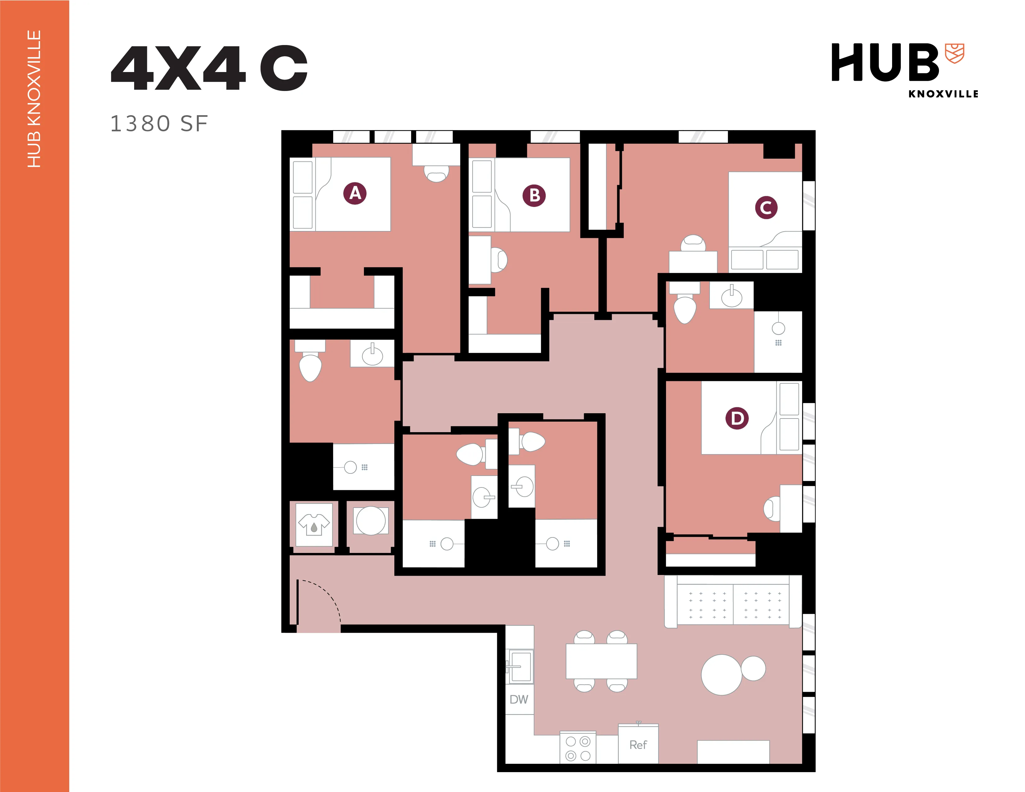Modern 4x4C floor plan at HUB Knoxville featuring 4 bedrooms, 4 bathrooms, and a spacious open-concept living area, totaling 1380 square feet.