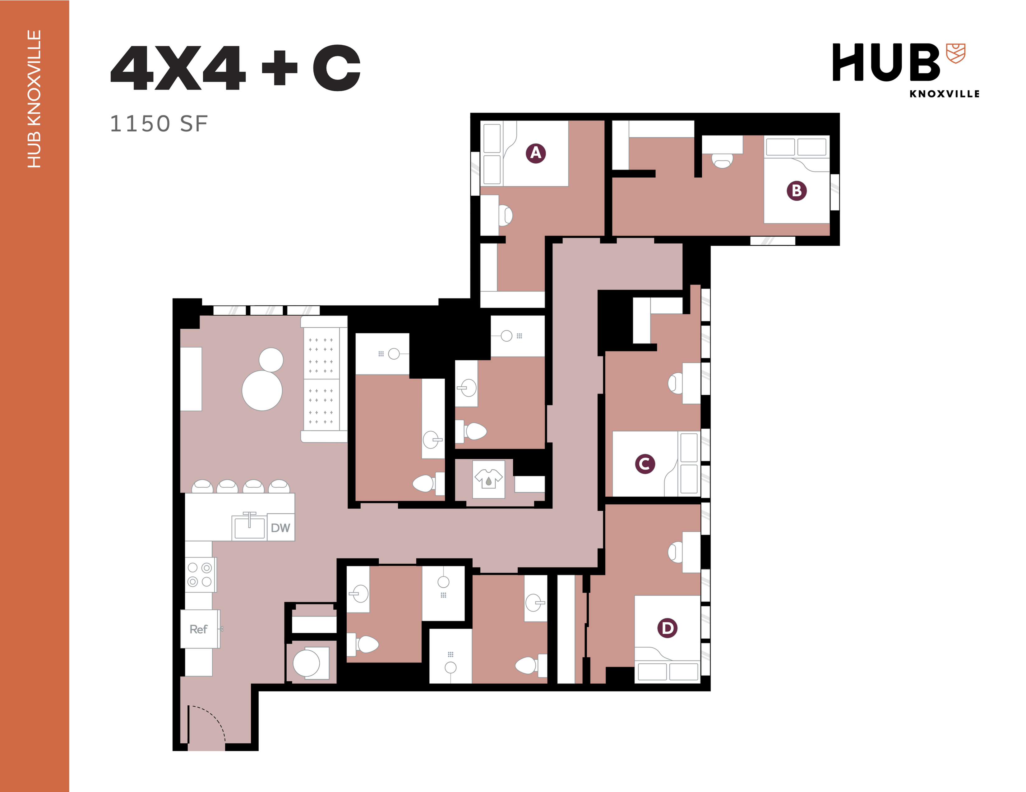 Modern 4-bedroom floor plan layout at Hub Knoxville, featuring spacious kitchen, inviting living areas, and private bathrooms, spread over 1150 square feet.