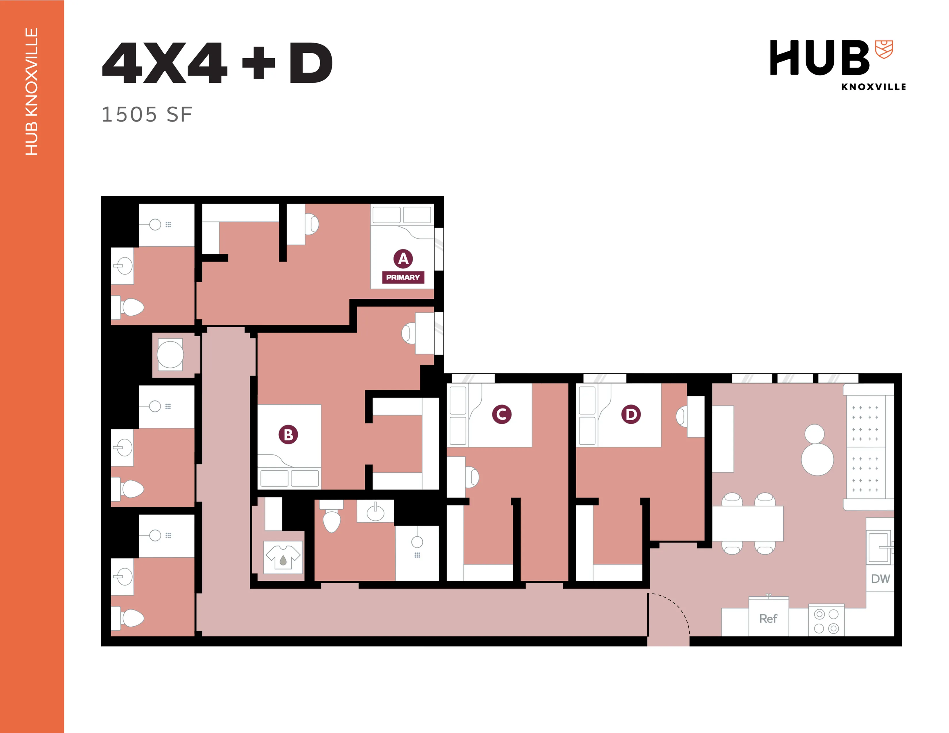 Modern floor plan for a 4-bedroom apartment at Hub Knoxville, featuring 4 bathrooms, spacious living and dining areas, and well-equipped kitchen, totaling 1505 sq ft.