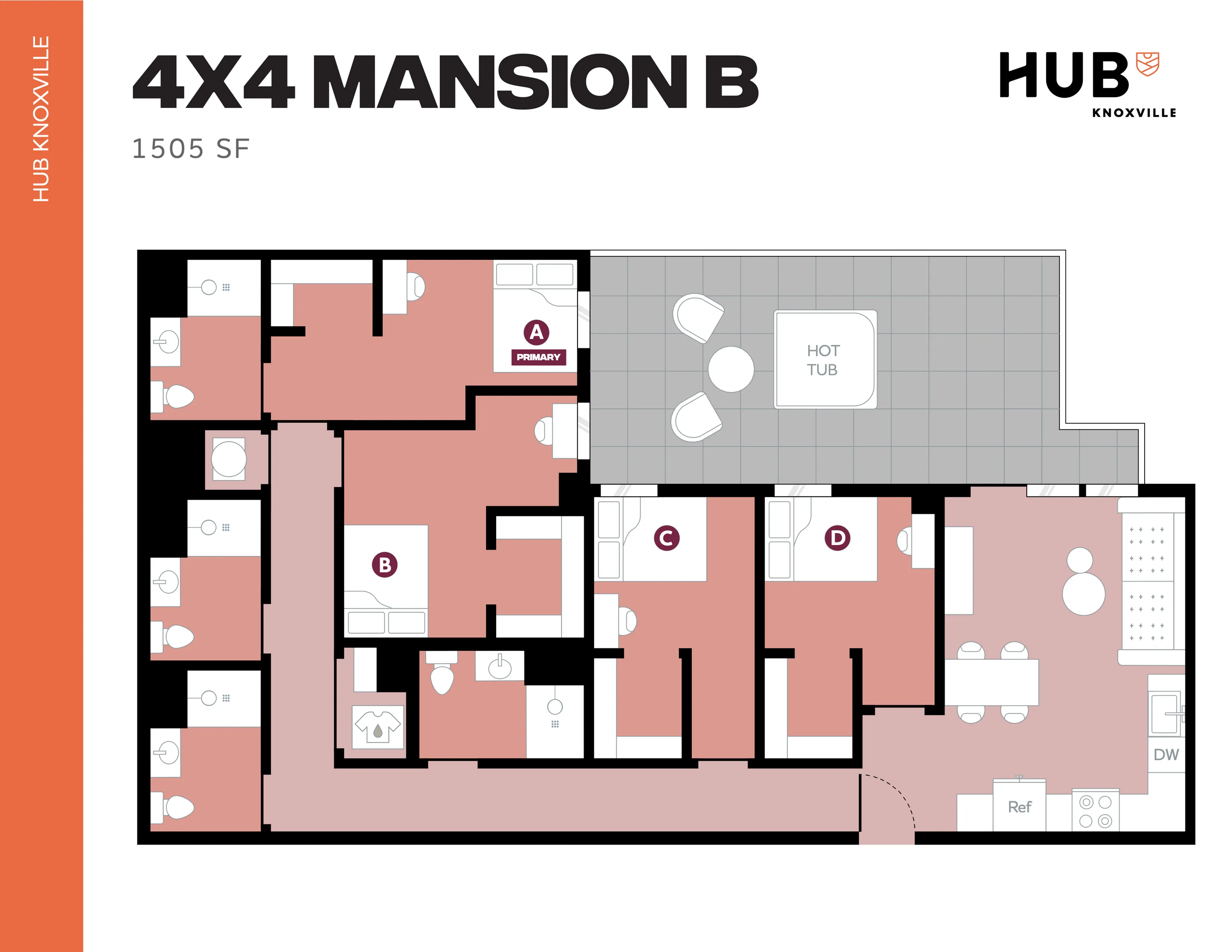 Hub Knoxville 4x4 Mansion B floor plan highlighting a spacious design with four bedrooms, each with private bathrooms, a modern kitchen, and a luxurious hot tub on the expansive patio, totaling 1505 sq ft.