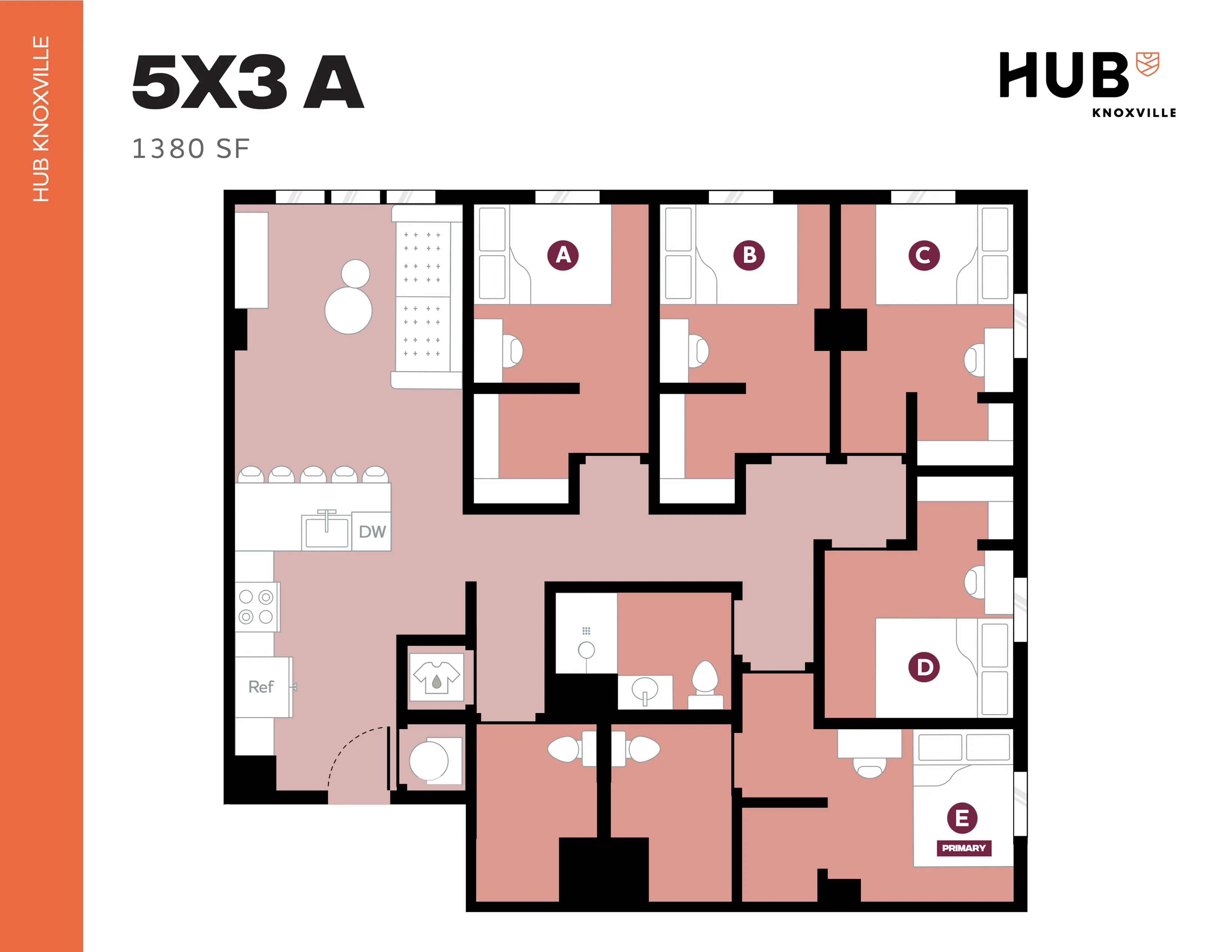 Modern floor plan of Hub Knoxville 5X3 apartment with 5 spacious bedrooms, stylish open kitchen, and 3 bathrooms totaling 1380 sq ft.