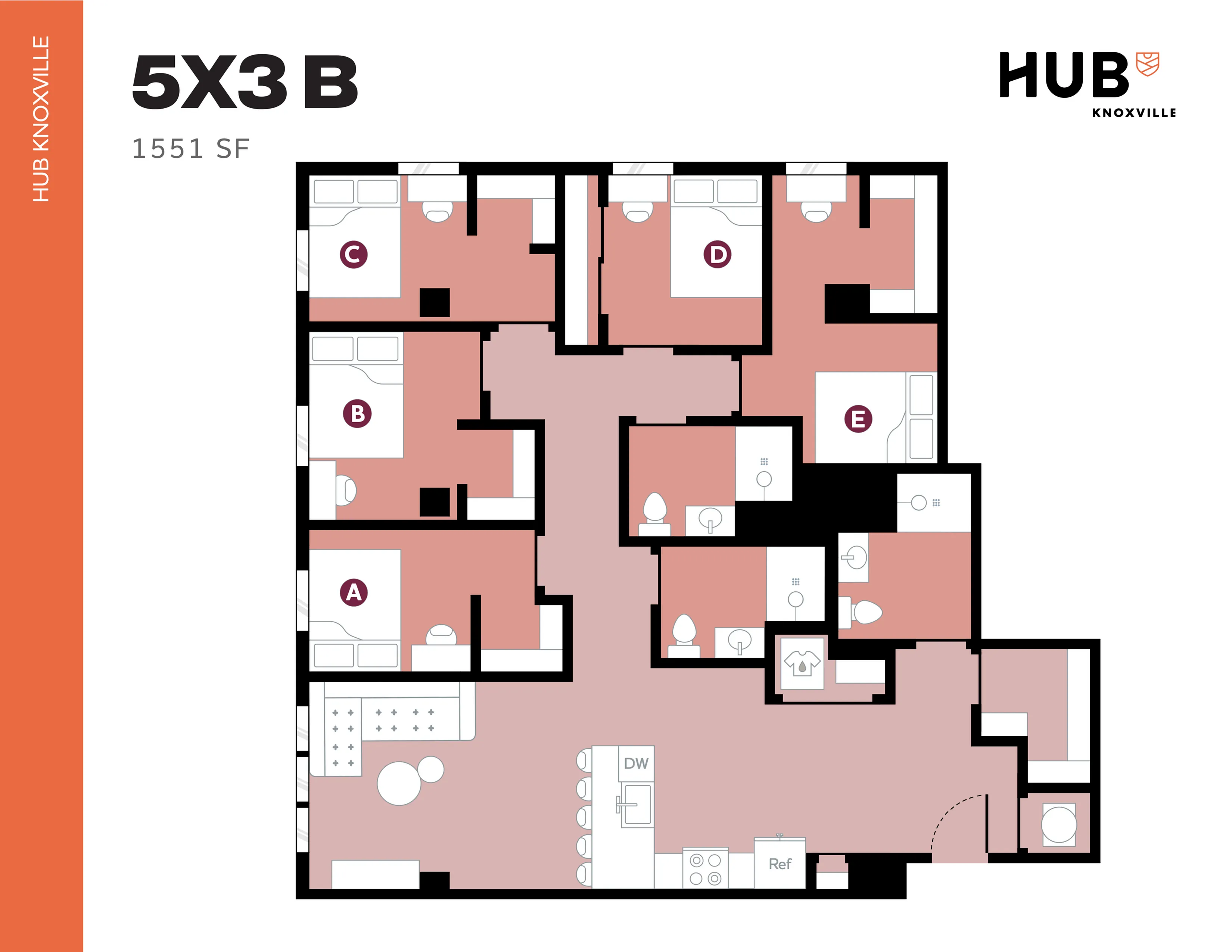 Modern 5-bedroom apartment floor plan at Hub Knoxville, featuring spacious living areas and 3 bathrooms, totaling 1551 square feet.