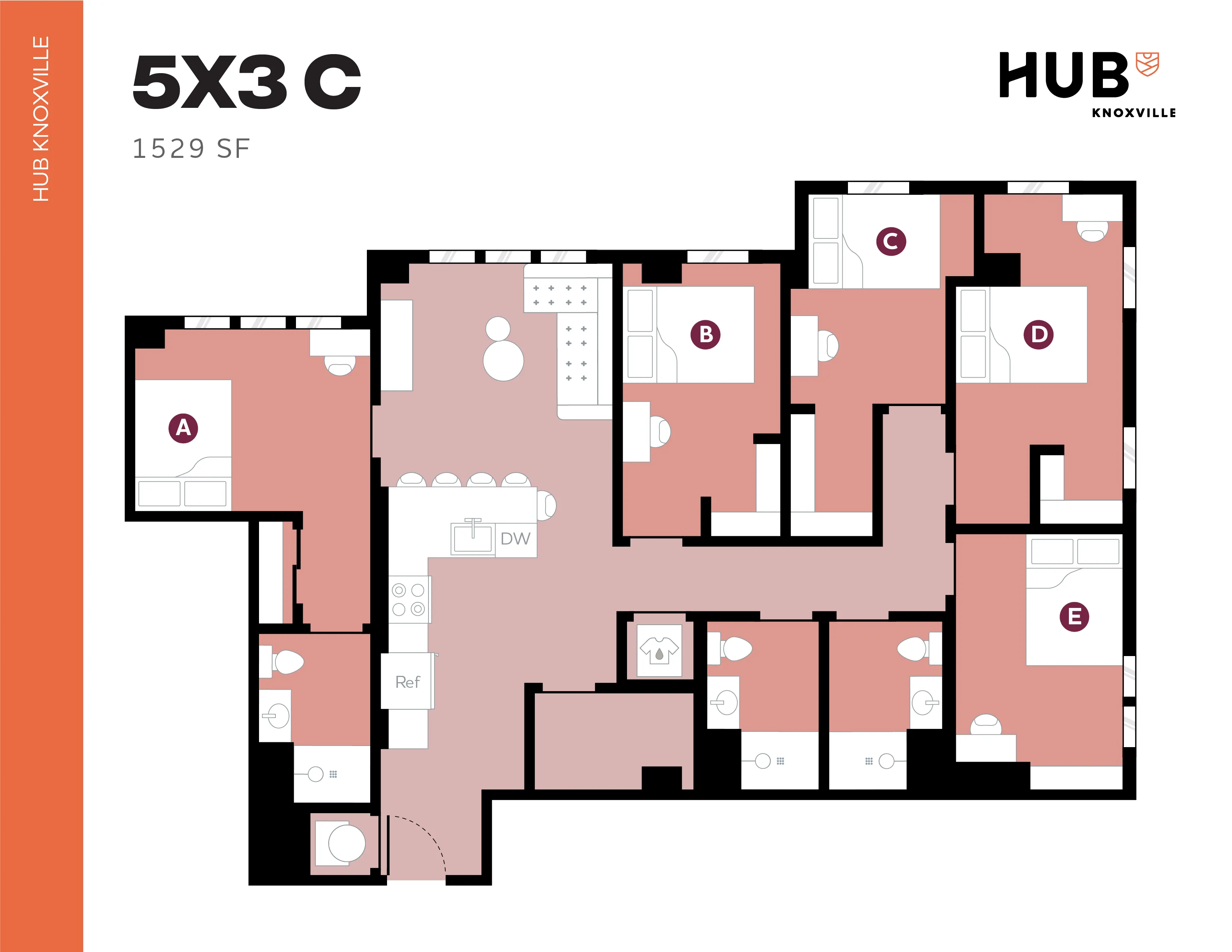 Hub Knoxville 5X3 C floor plan showcasing a spacious 5-bedroom apartment with a modern kitchen, open living area, and multiple bathrooms, totaling 1529 square feet.