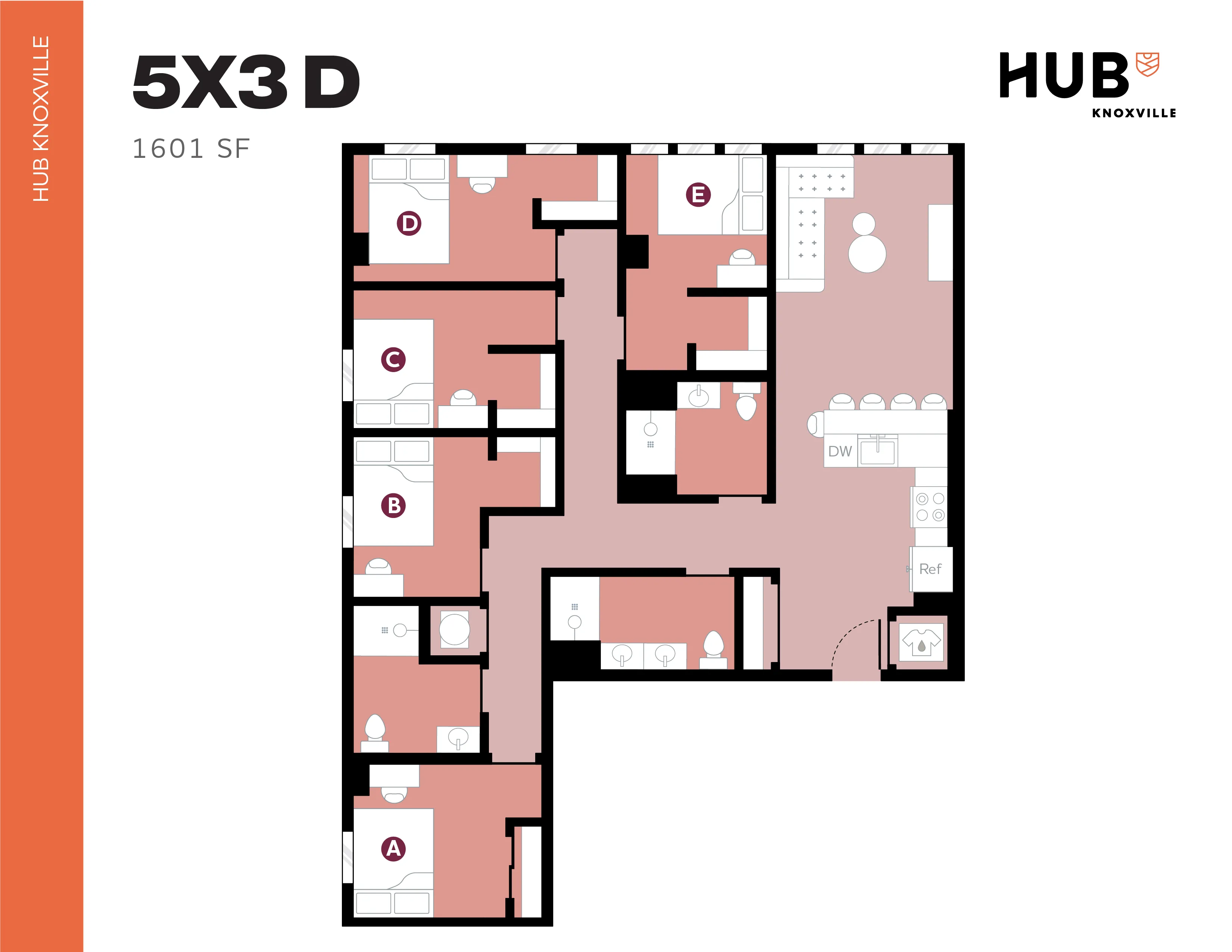 Modern 5-bedroom floor plan at Hub Knoxville, 1601 sq ft, highlighting a spacious open-concept living area and kitchen.