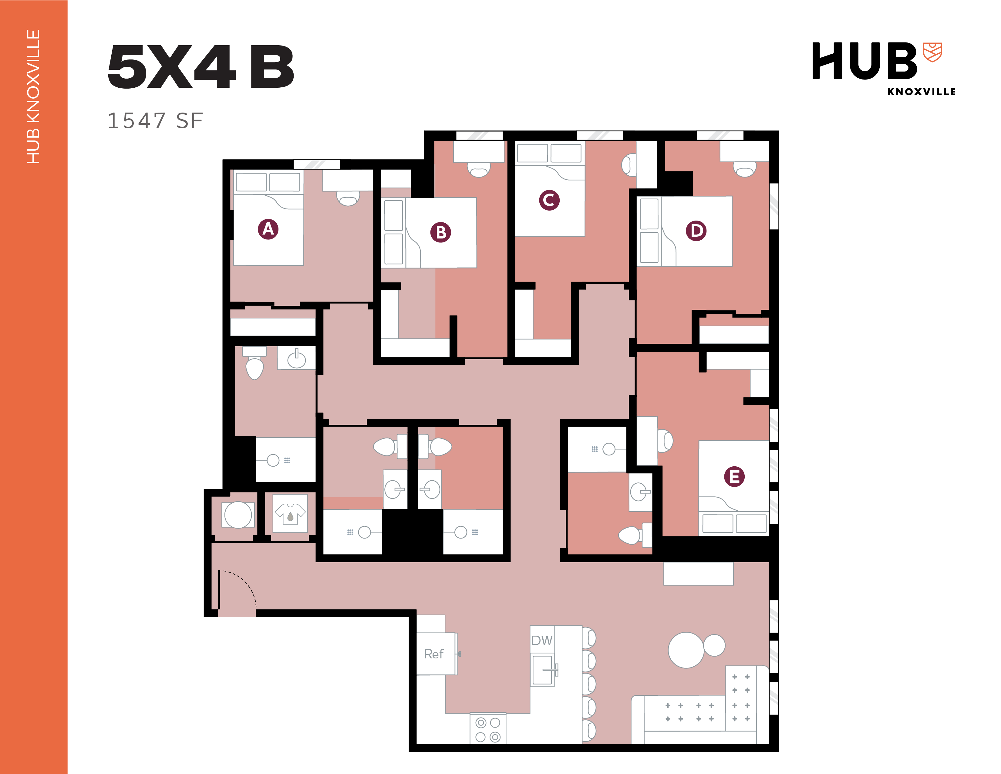 Spacious 5-bedroom, 4-bathroom apartment floor plan at Hub Knoxville, featuring 1547 sq ft with a modern kitchen, cozy living area, and efficient layout.