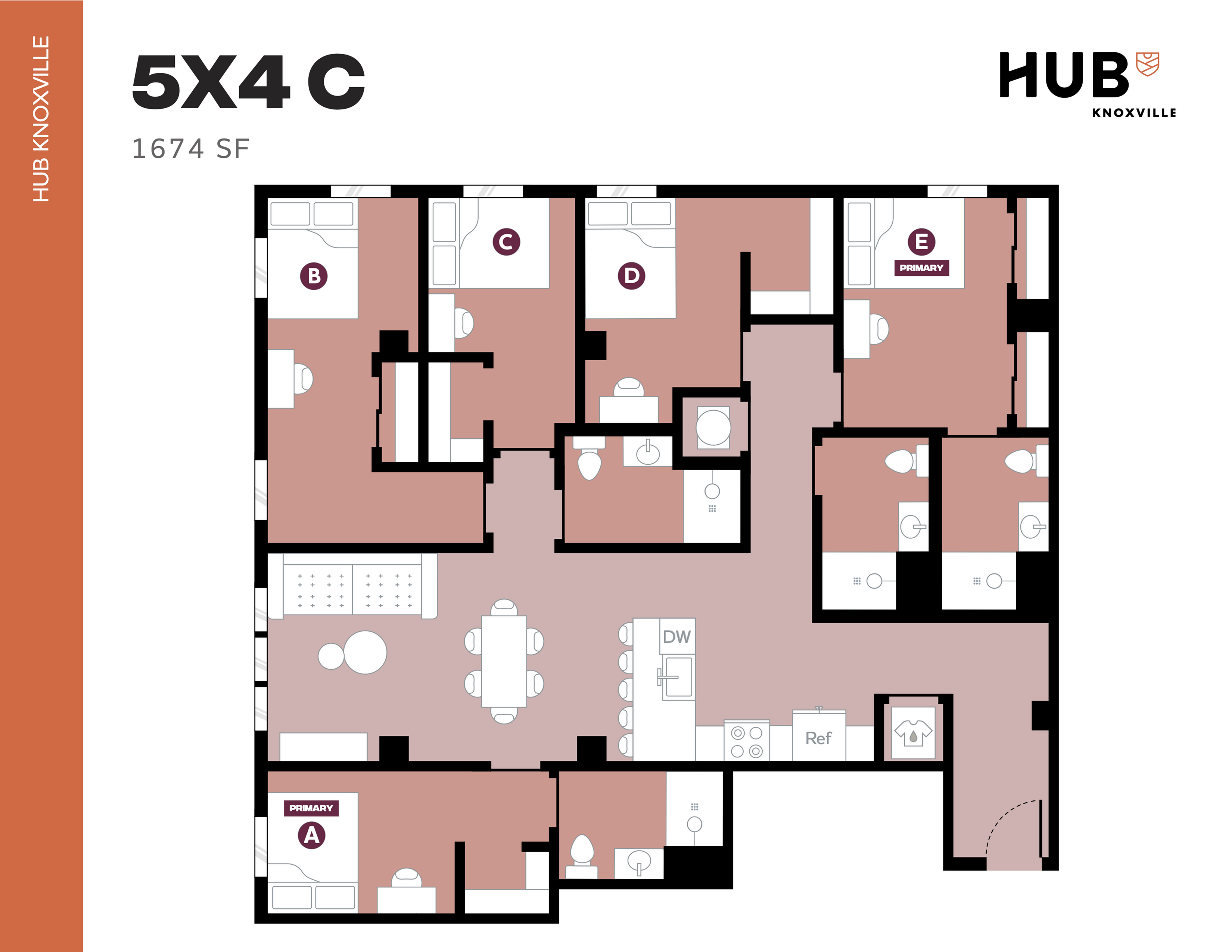 Spacious 5-bedroom apartment floor plan at Hub Knoxville, featuring a generous living area, modern kitchen with dining space, and multiple bathrooms in 1674 sq ft.