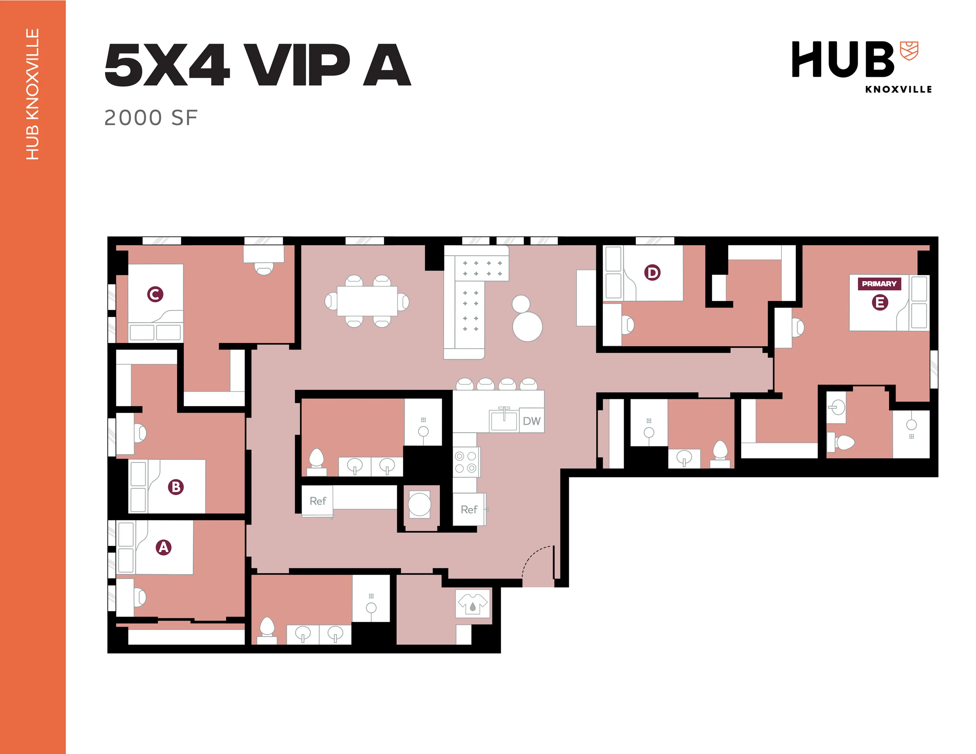 Modern 5x4 VIP A floor plan showcasing 5 bedrooms, 4 bathrooms, and a spacious open kitchen and dining area, covering 2000 sq ft at Hub Knoxville.