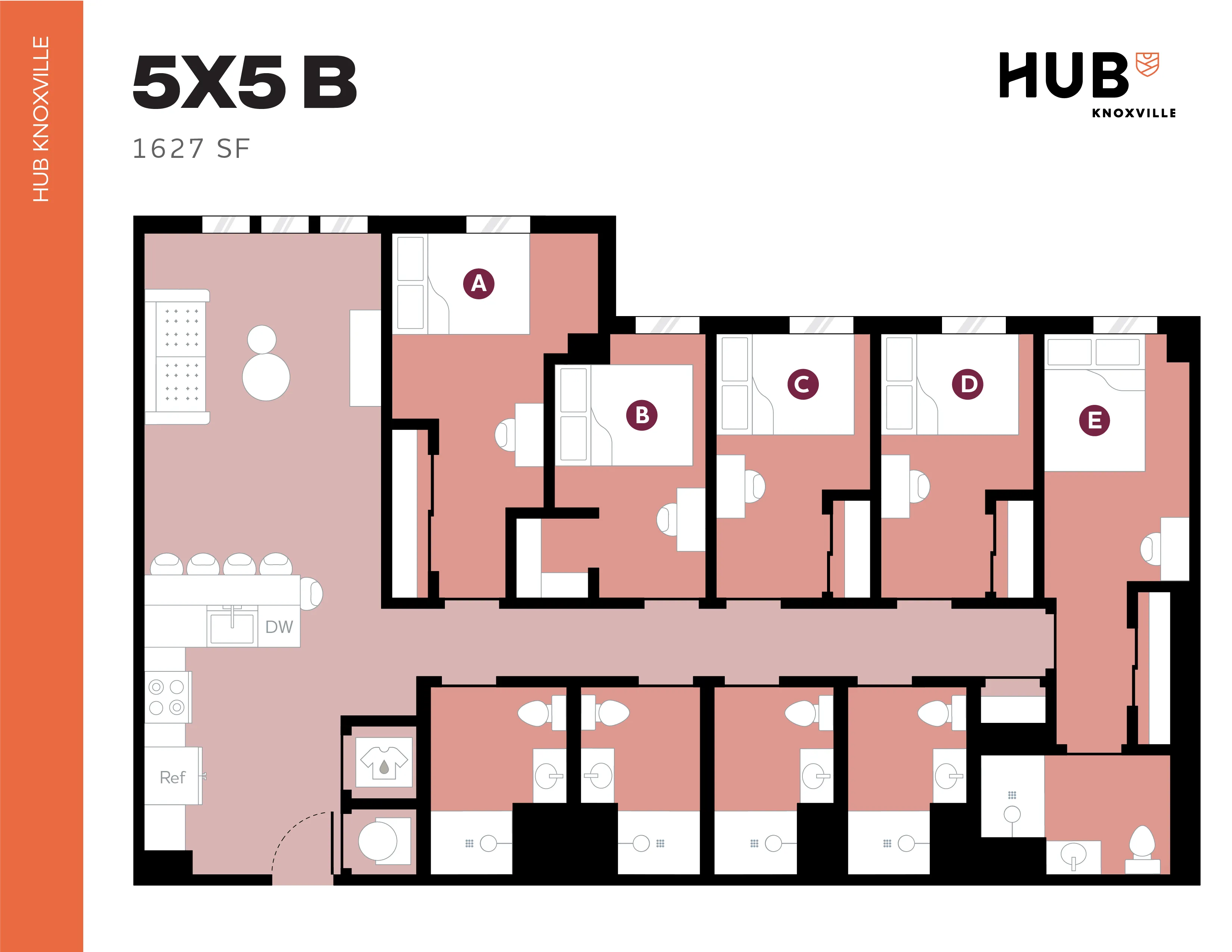 Contemporary 5X5 B floor plan at Hub Knoxville, featuring 1627 sq ft with five bedrooms, a spacious kitchen, and modern amenities.