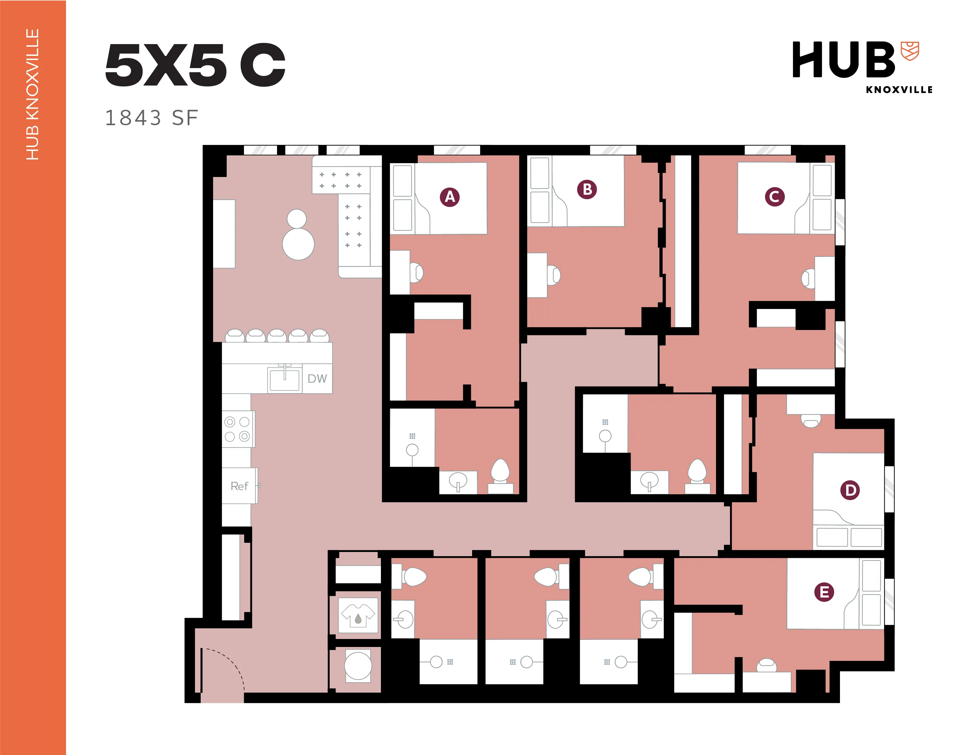 Modern 5X5C floor plan at Hub Knoxville featuring five bedrooms, spacious common areas, and a fully-equipped kitchen, totaling 1843 square feet.