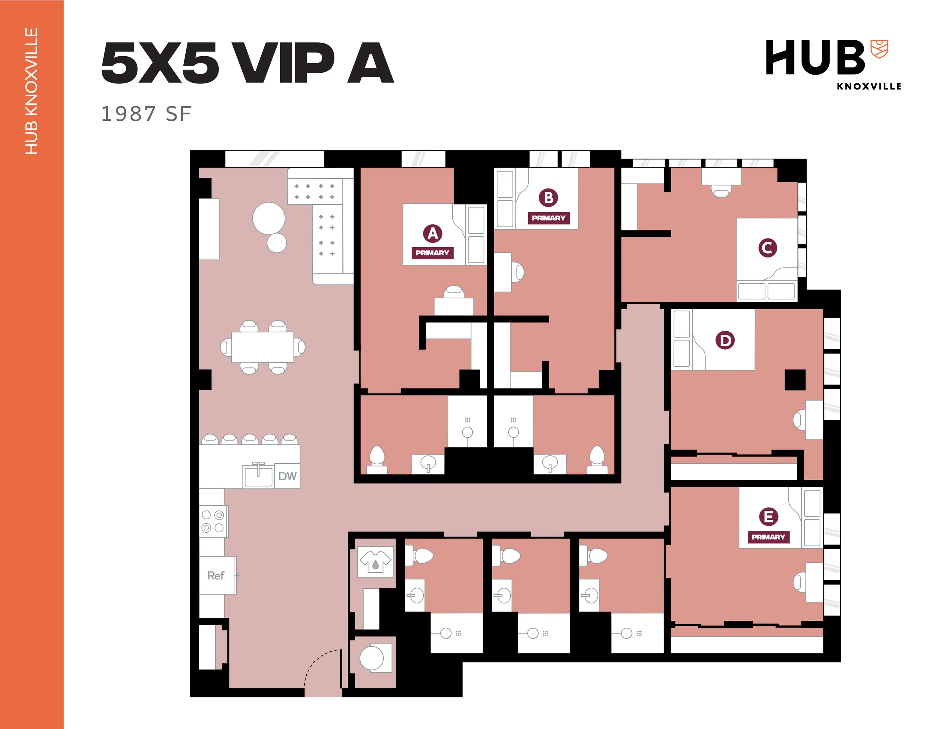 Contemporary 5-bedroom VIP A floor plan with open-concept living and dining area, sleek kitchen, and three primary suites, encompassing 1987 sq ft at Hub Knoxville.