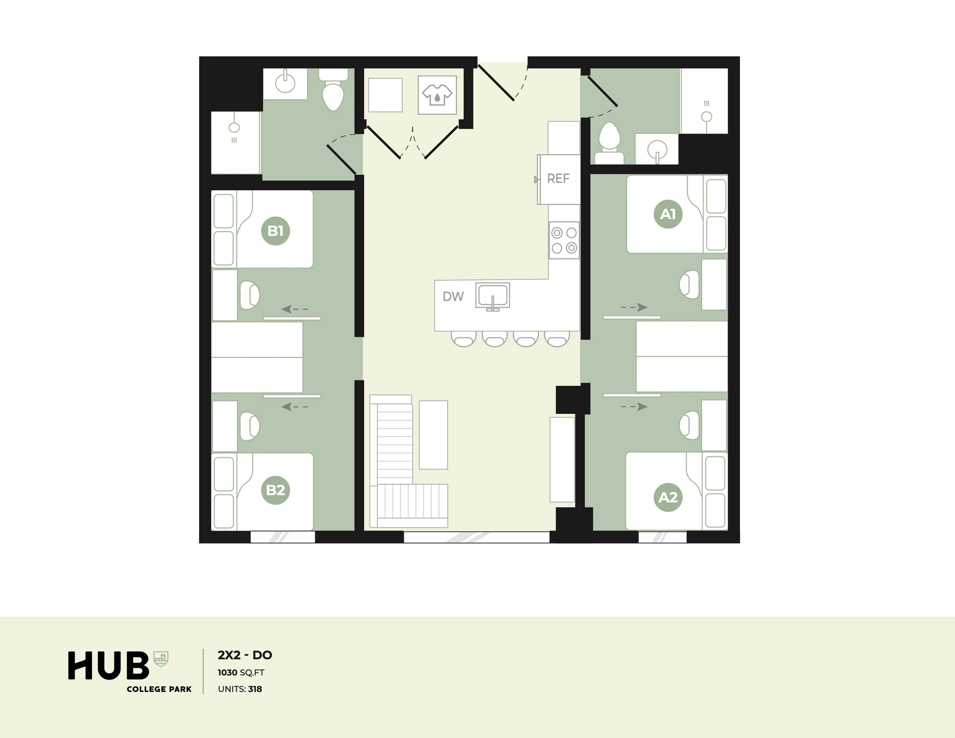 Modern floor plan showcasing 2 bedrooms, spacious kitchen, and inviting living area, 1030 sq ft at HUB College Park.