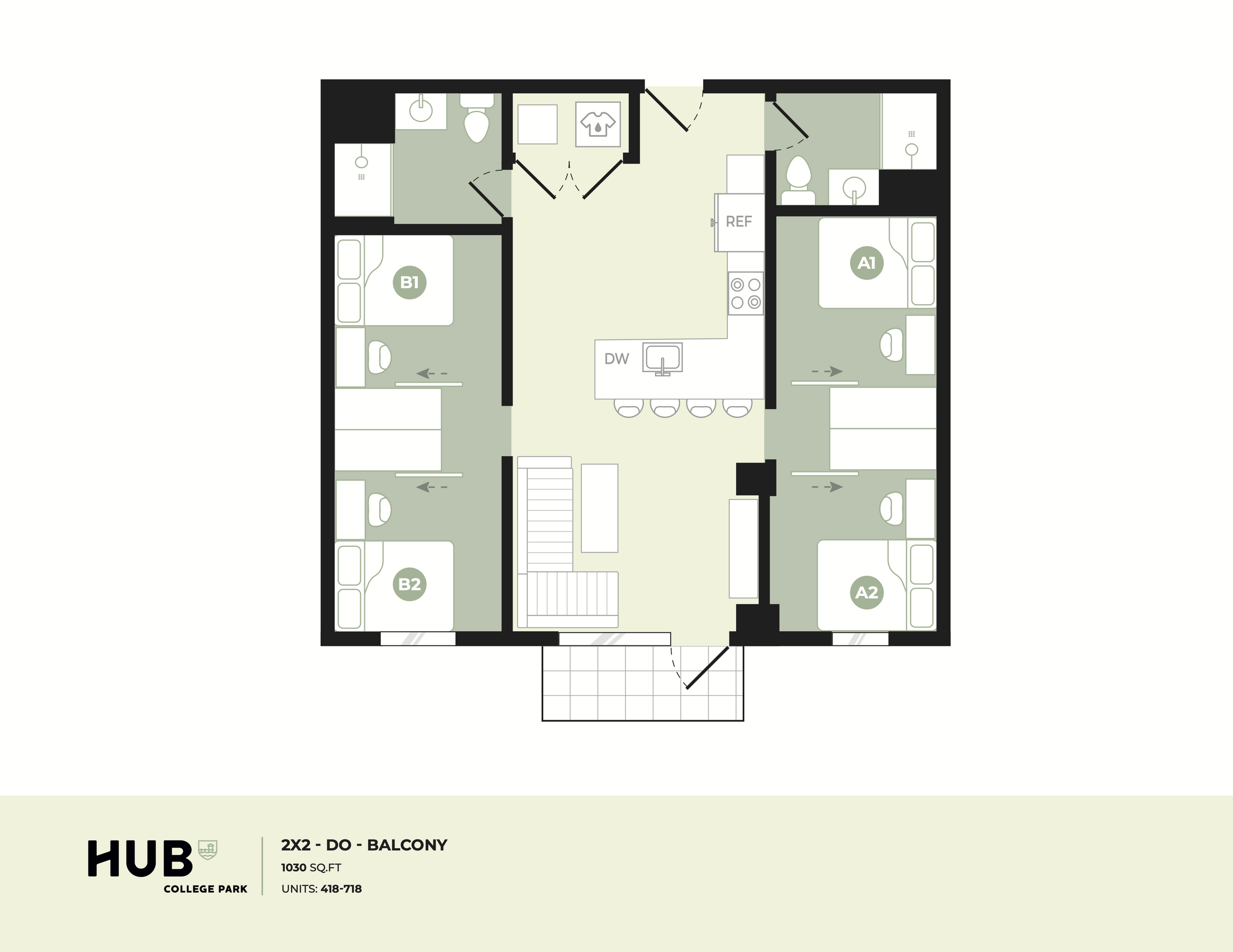 Modern floor plan featuring 2 bedrooms with en-suite bathrooms, open kitchen with island, and cozy living area, complete with a balcony. 1030 sq ft apartment at Hub College Park.