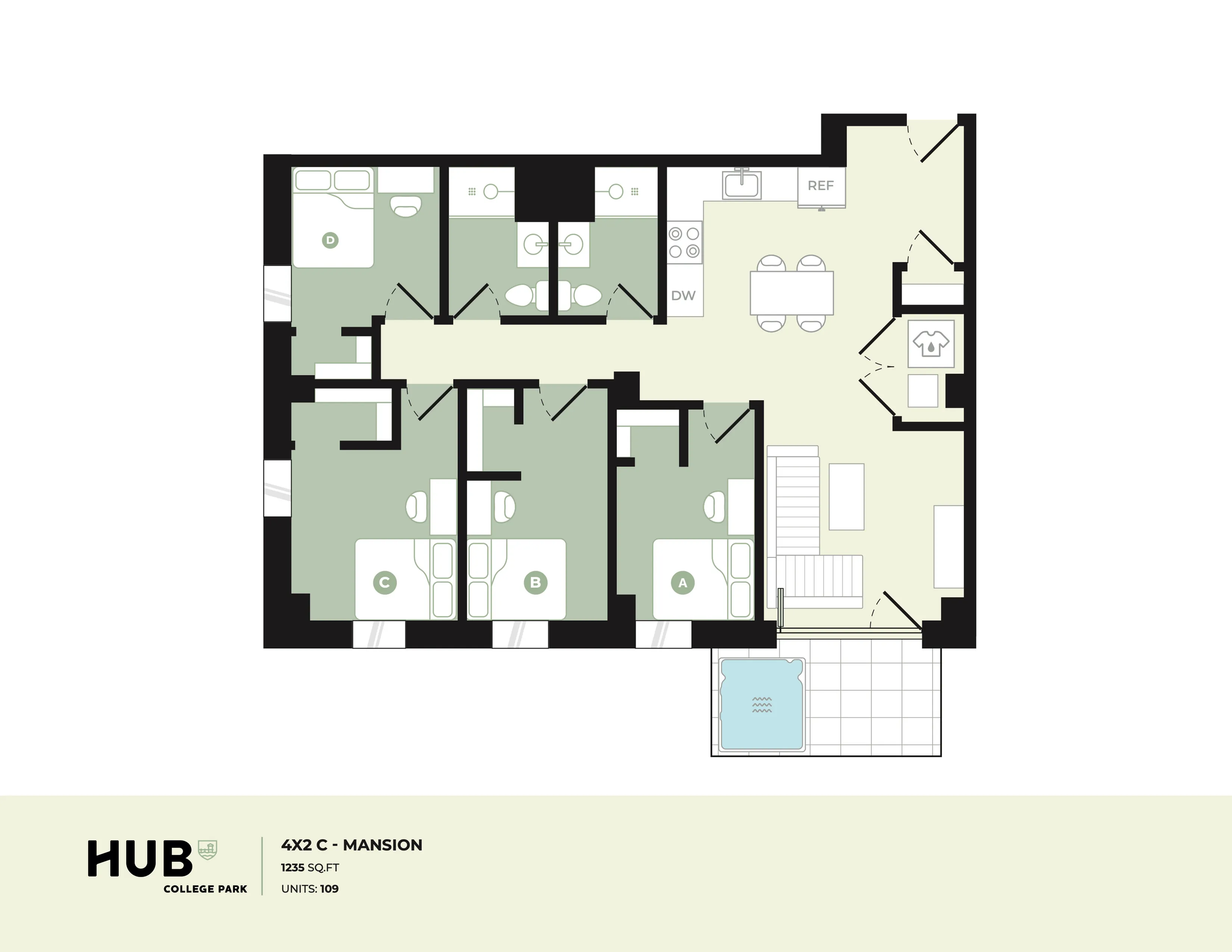 Modern 4-bedroom mansion floor plan with spacious living areas and stylish kitchen at HUB College Park, 1235 sq ft.