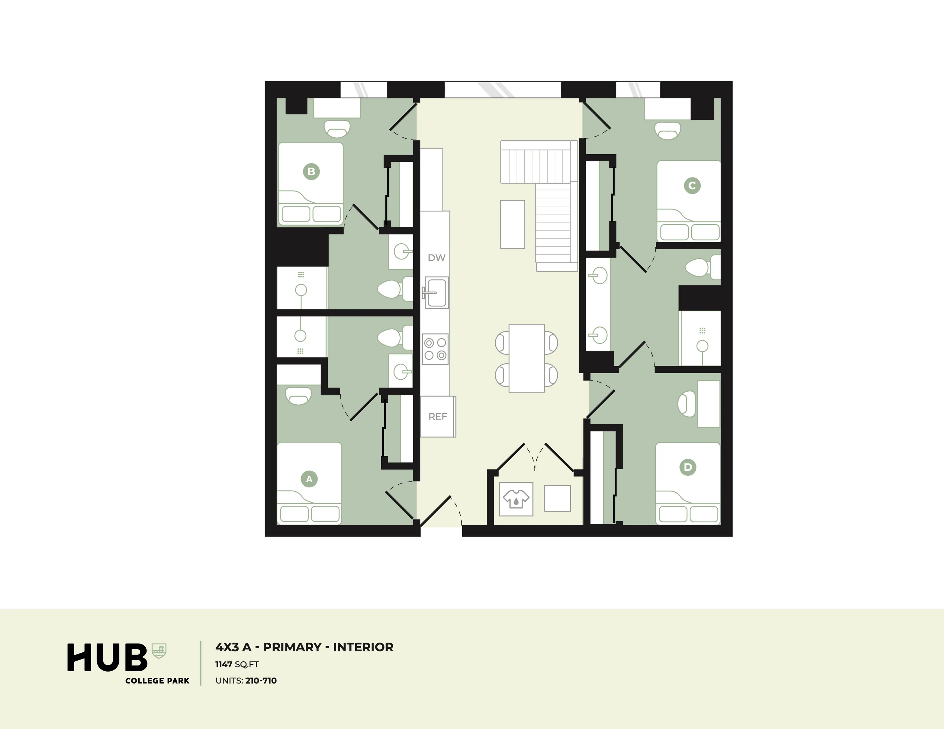 Modern 4-bedroom floor plan at HUB College Park with inviting open-concept living and dining area, well-equipped kitchen, and 3 private bathrooms; spacious and thoughtfully designed for comfort.