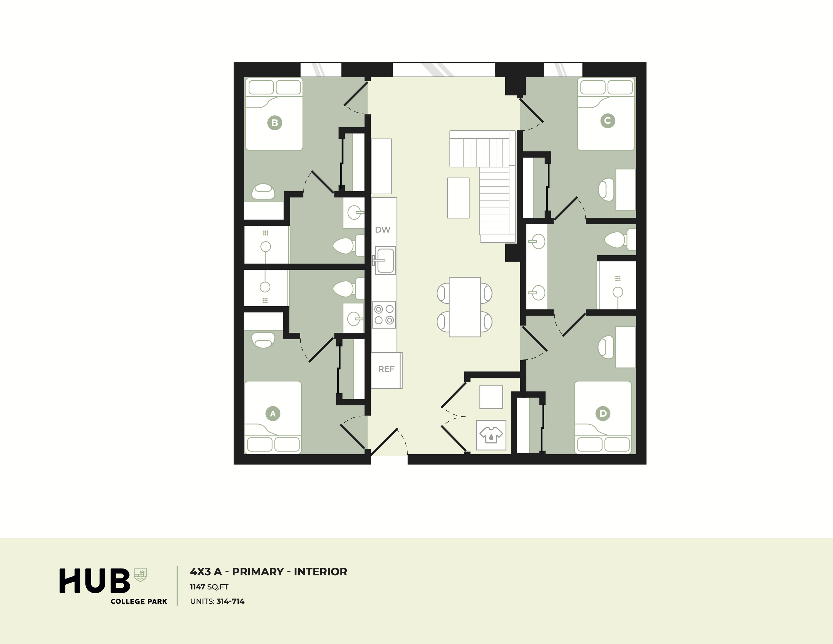 Modern 4-bedroom interior floor plan at HUB College Park, featuring spacious living and dining area, fully-equipped kitchen, and private bathrooms. Ideal for contemporary living.