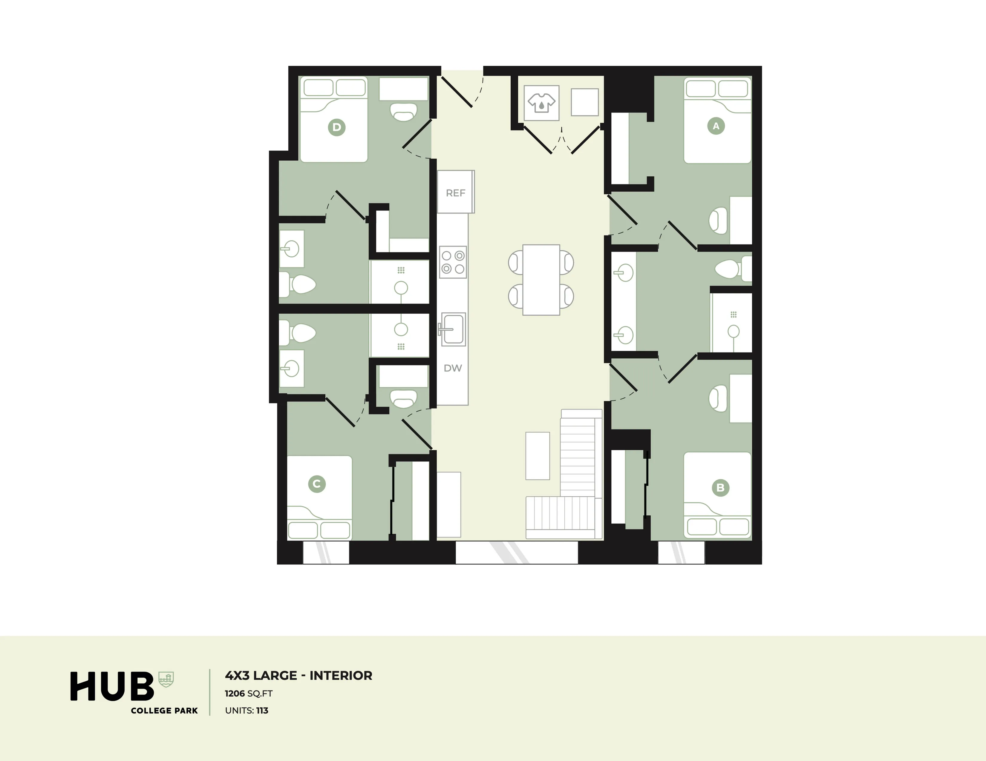 Spacious 4x3 large floor plan with four bedrooms, stylish open-concept living and dining area, and modern kitchen at Hub College Park, 1206 sq ft.