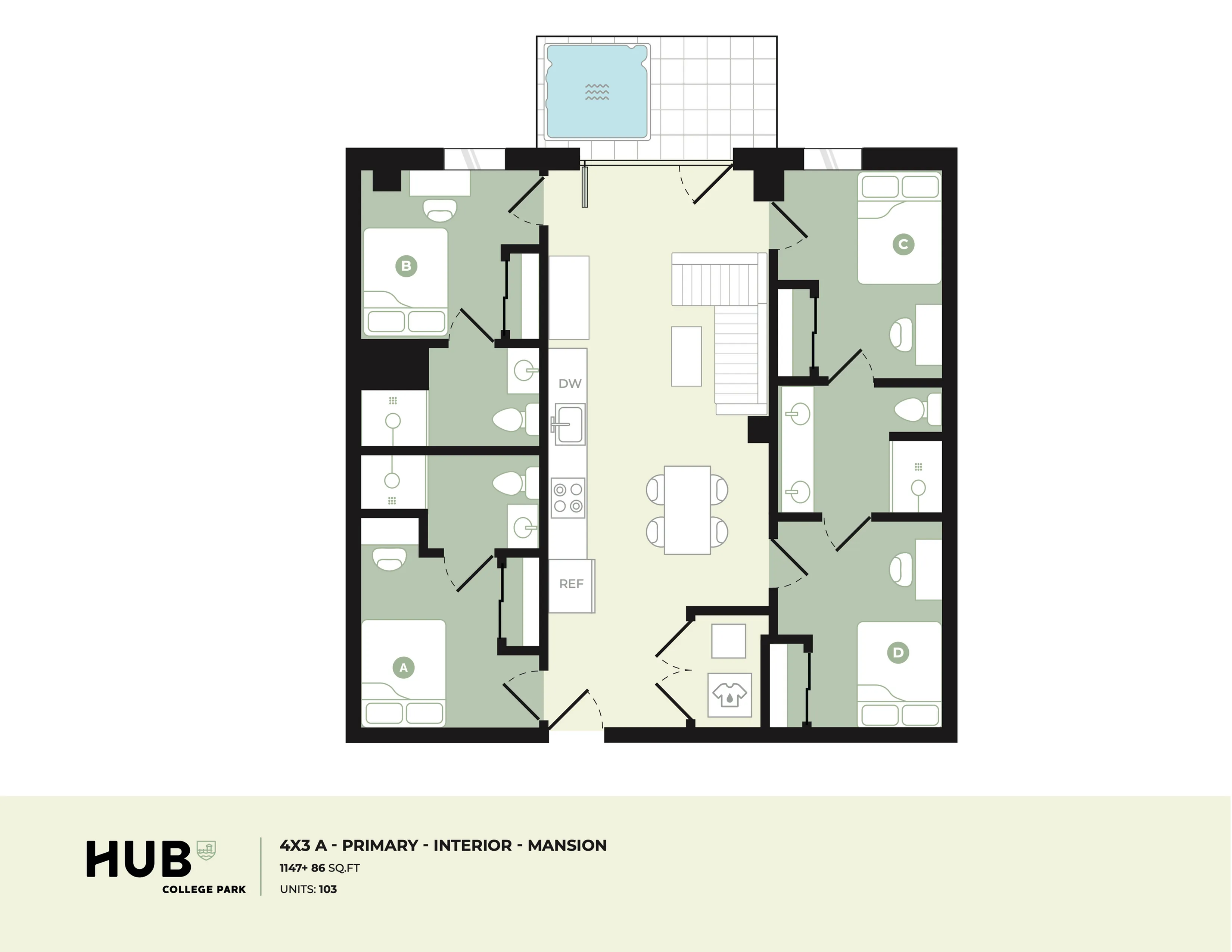 Spacious 4-bedroom mansion floor plan at HUB College Park with open living area, kitchen, and rooftop patio.