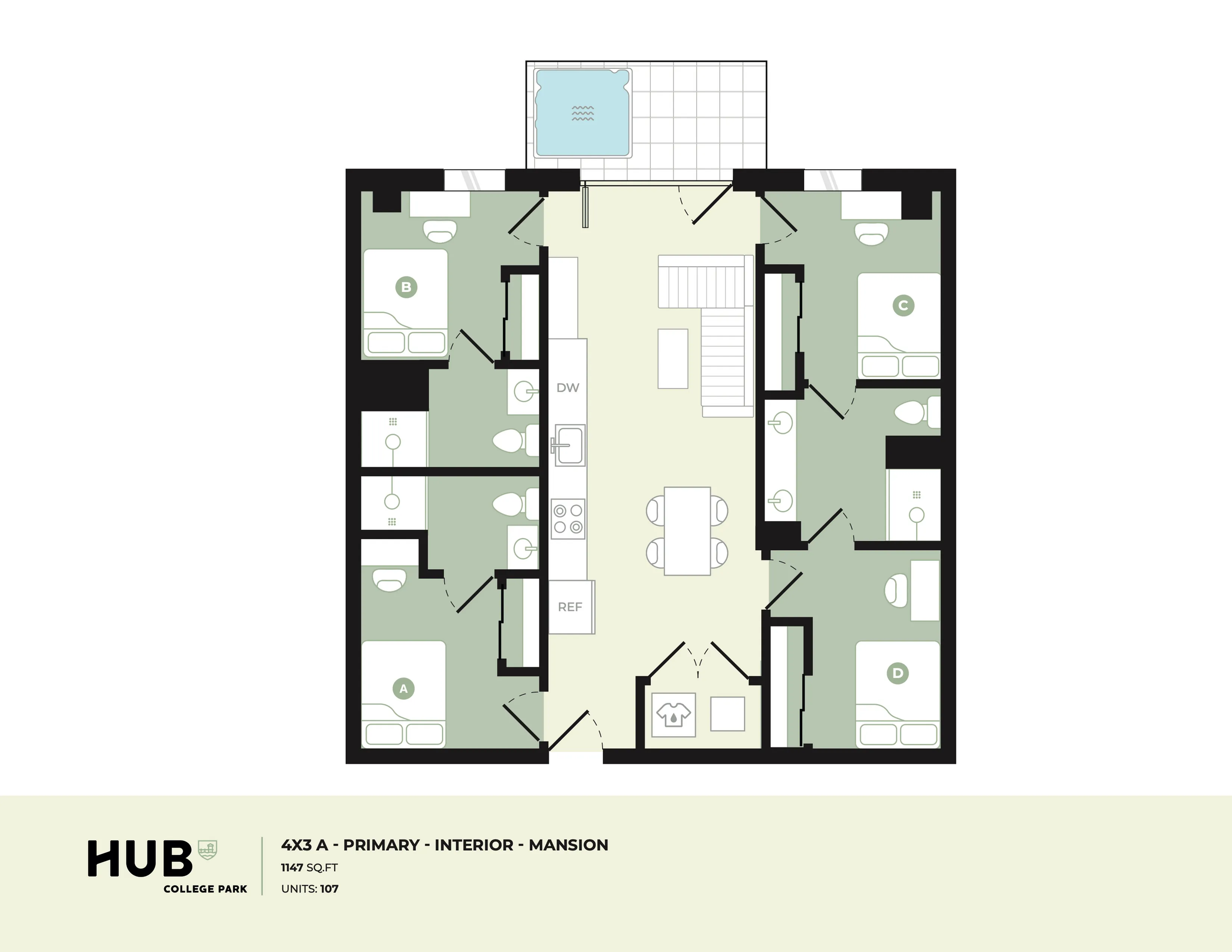 Modern floor plan of a mansion unit with 4 bedrooms, open living area, and luxury amenities, offering spacious and stylish living at HUB College Park.