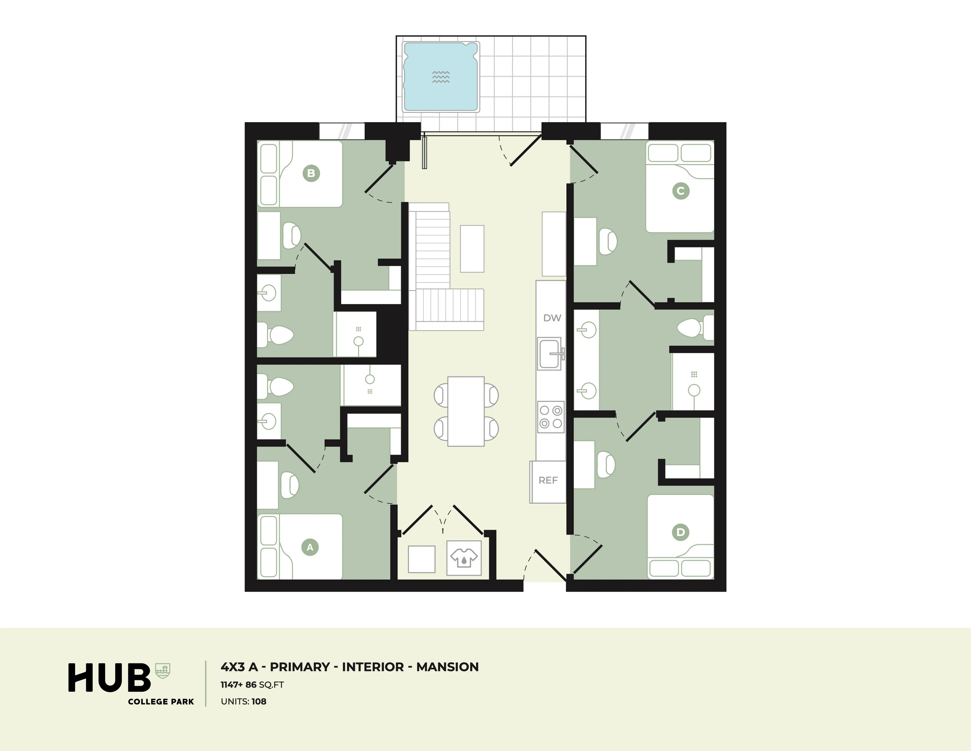 Modern floor plan showcasing 4 bedrooms, spacious living area, and kitchen with island; includes patio with jacuzzi, perfect for stylish living.