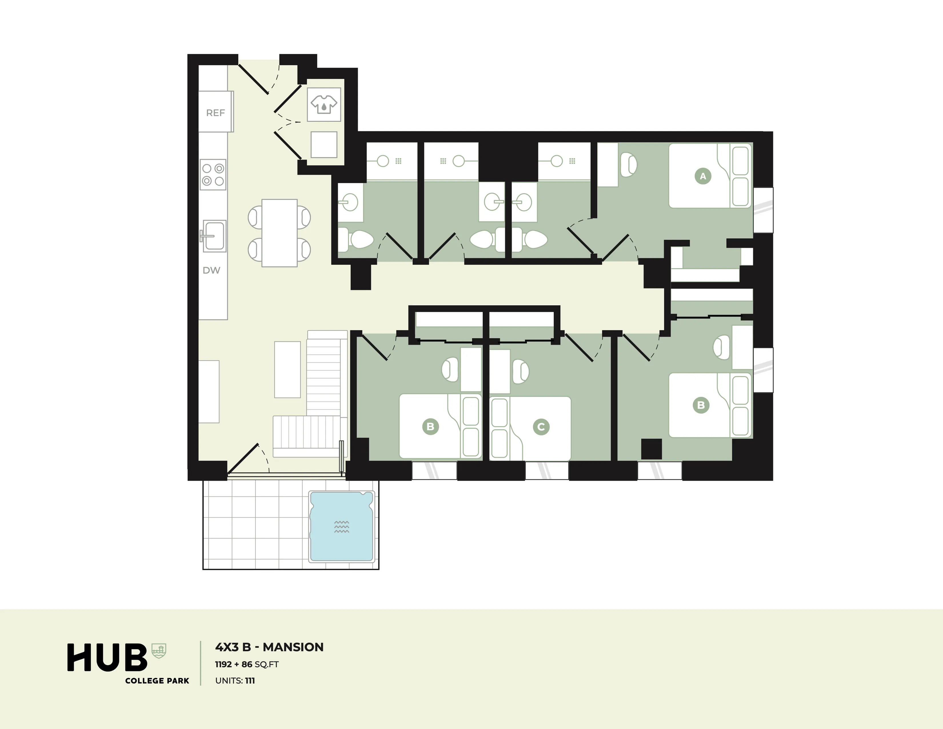 Modern floor plan showcasing 3 spacious bedrooms, stylish kitchen with dining area, 2 bathrooms, and a cozy living space. Includes a private balcony with outdoor seating. Perfect for comfort and style.