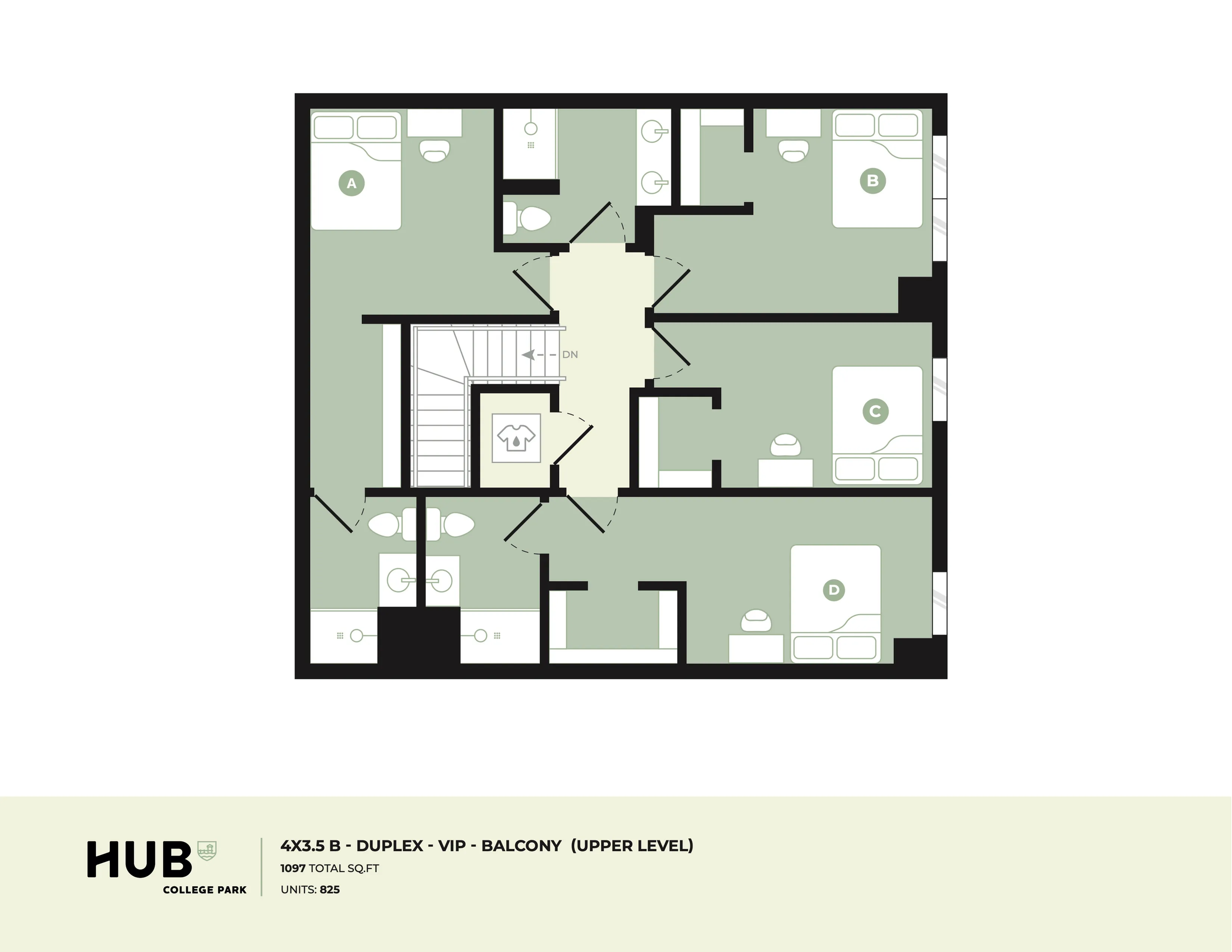 Modern upper level duplex floor plan featuring four bedrooms, spacious layout, and balcony access in College Park, 1097 sq ft.