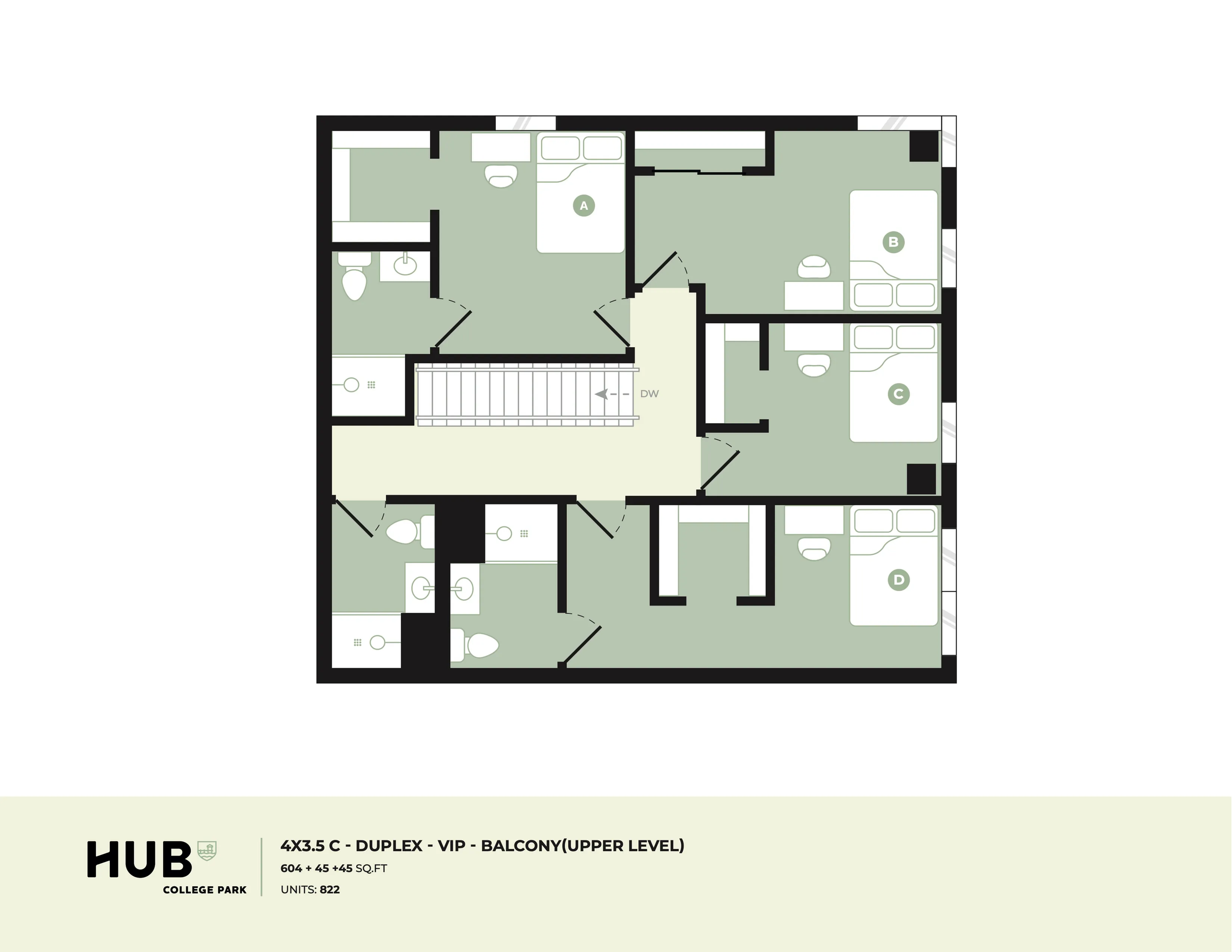 Modern duplex floor plan with 4 bedrooms and 3.5 bathrooms, featuring a unique balcony on the upper level, covering 604 + 45 + 445 sq ft.