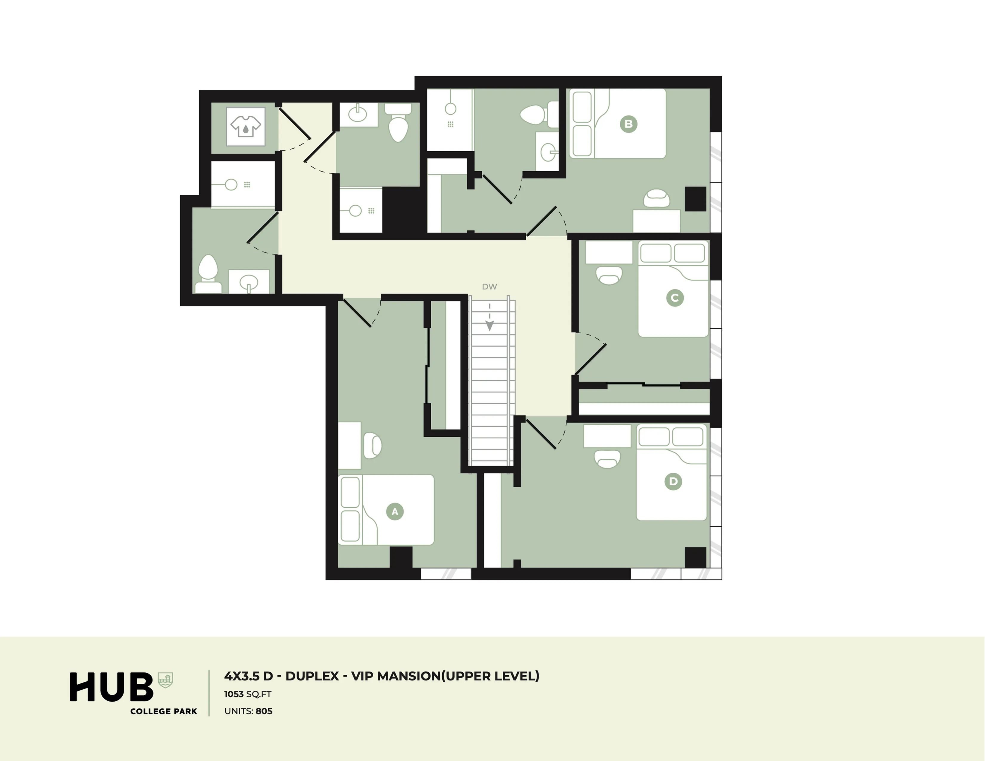 Sophisticated 4-bedroom duplex floor plan featuring a sleek upper level with en-suite bathrooms, ideal for modern living, 1053 sq ft.