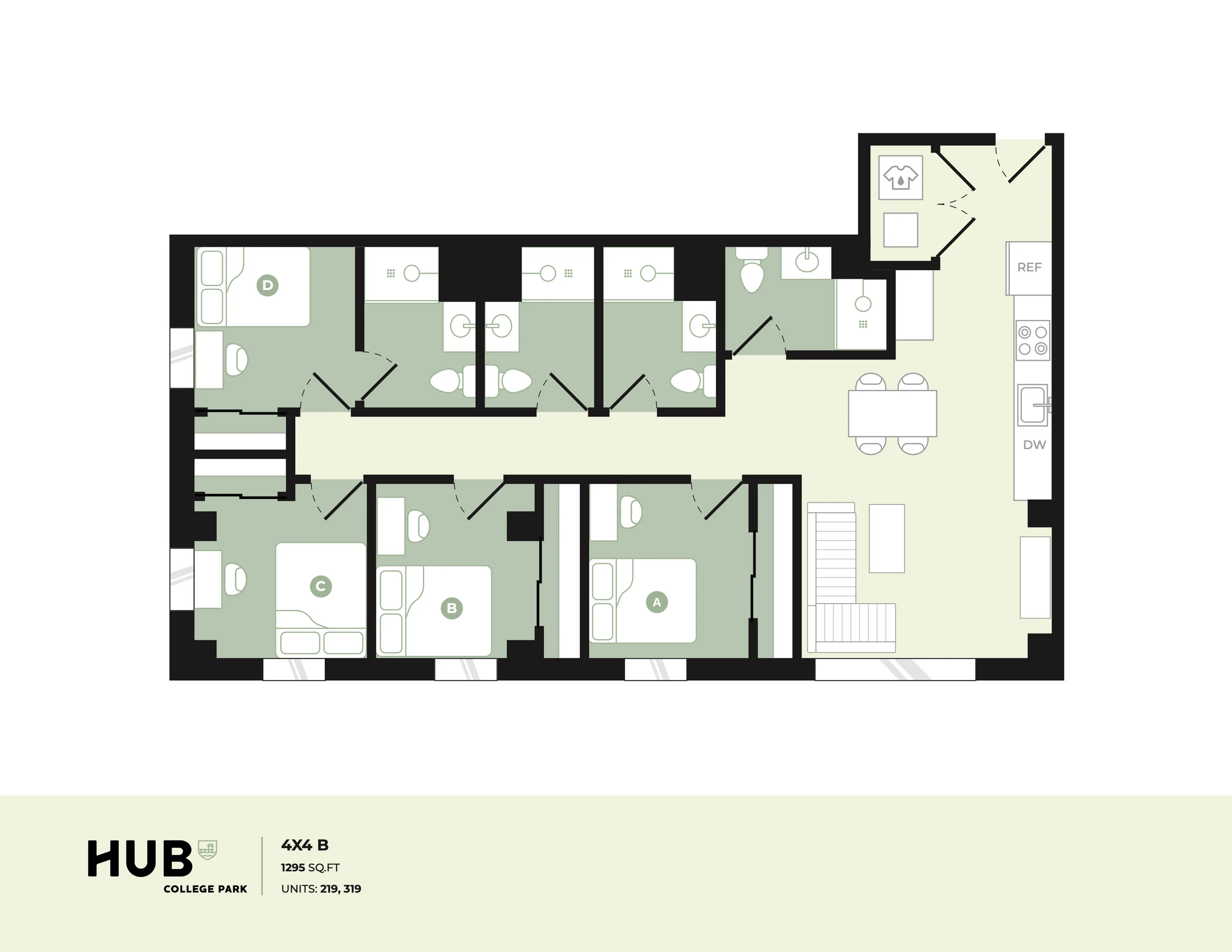 Modern 4-bedroom floor plan at HUB College Park, featuring spacious living and dining areas, 1295 sq ft.