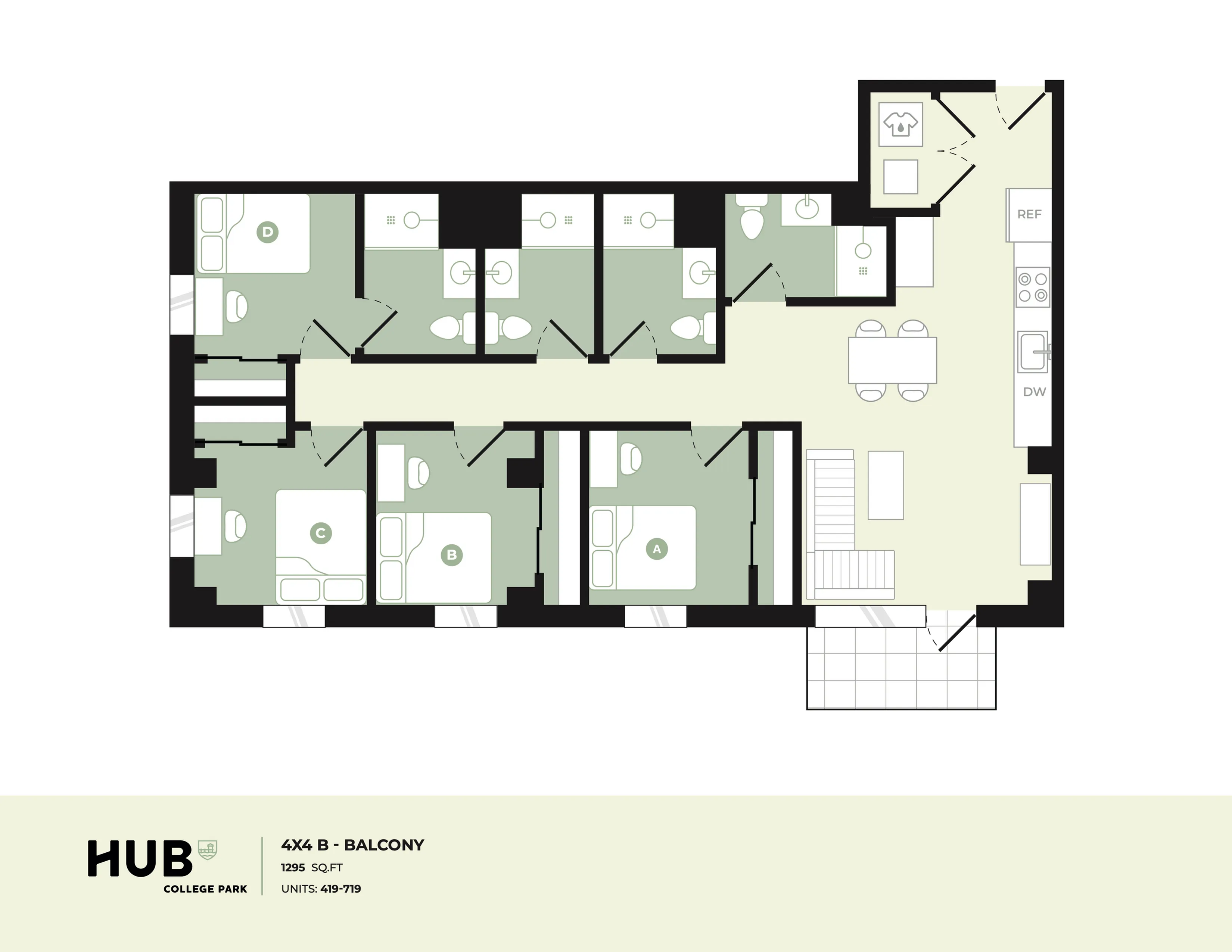 Modern floor plan layout showcasing 4 spacious bedrooms, a stylish open living area, and a charming balcony at HUB College Park, 1295 sq ft.
