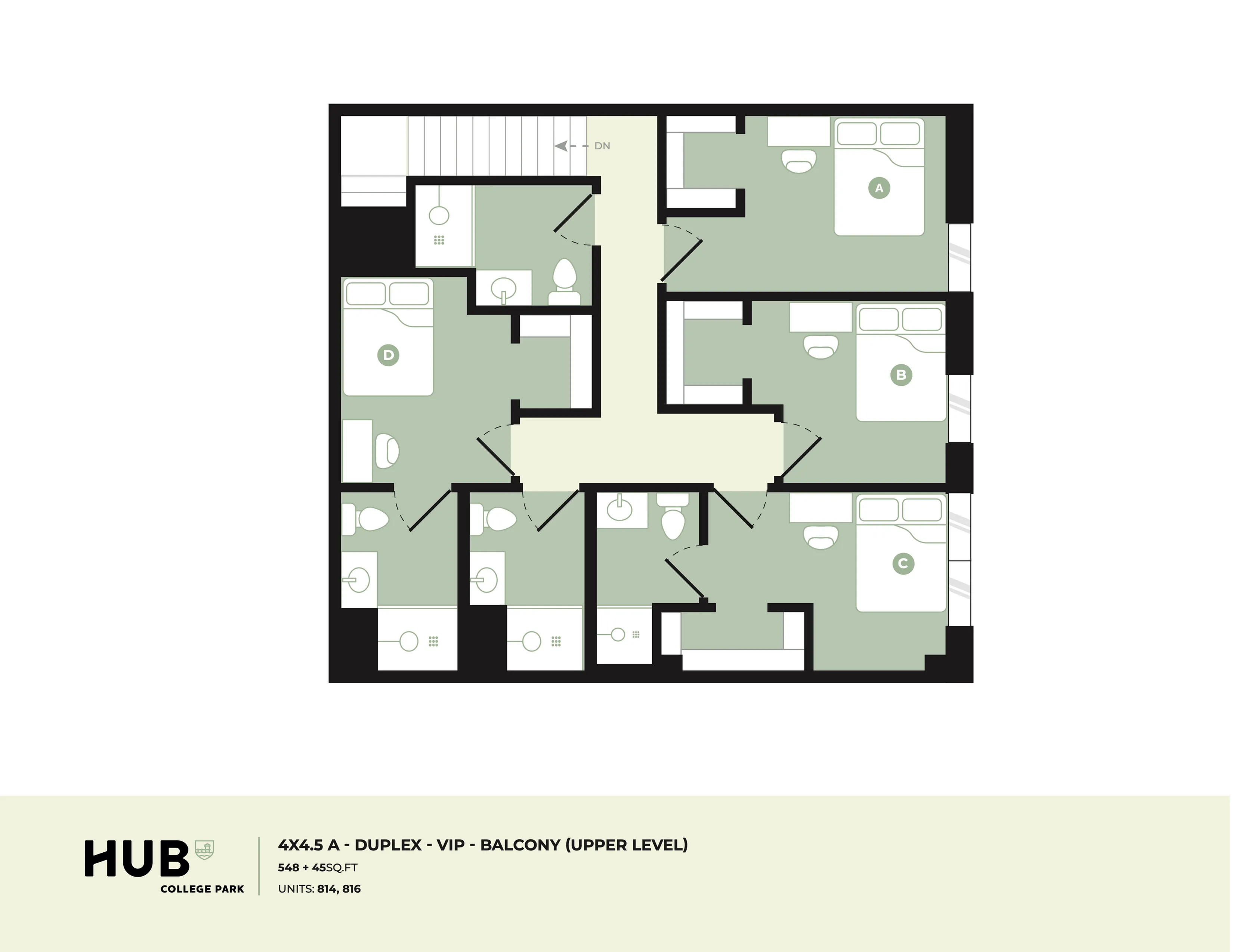 Modern duplex floor plan showcasing 4 bedrooms, each with private bathroom, and inviting balcony on upper level.