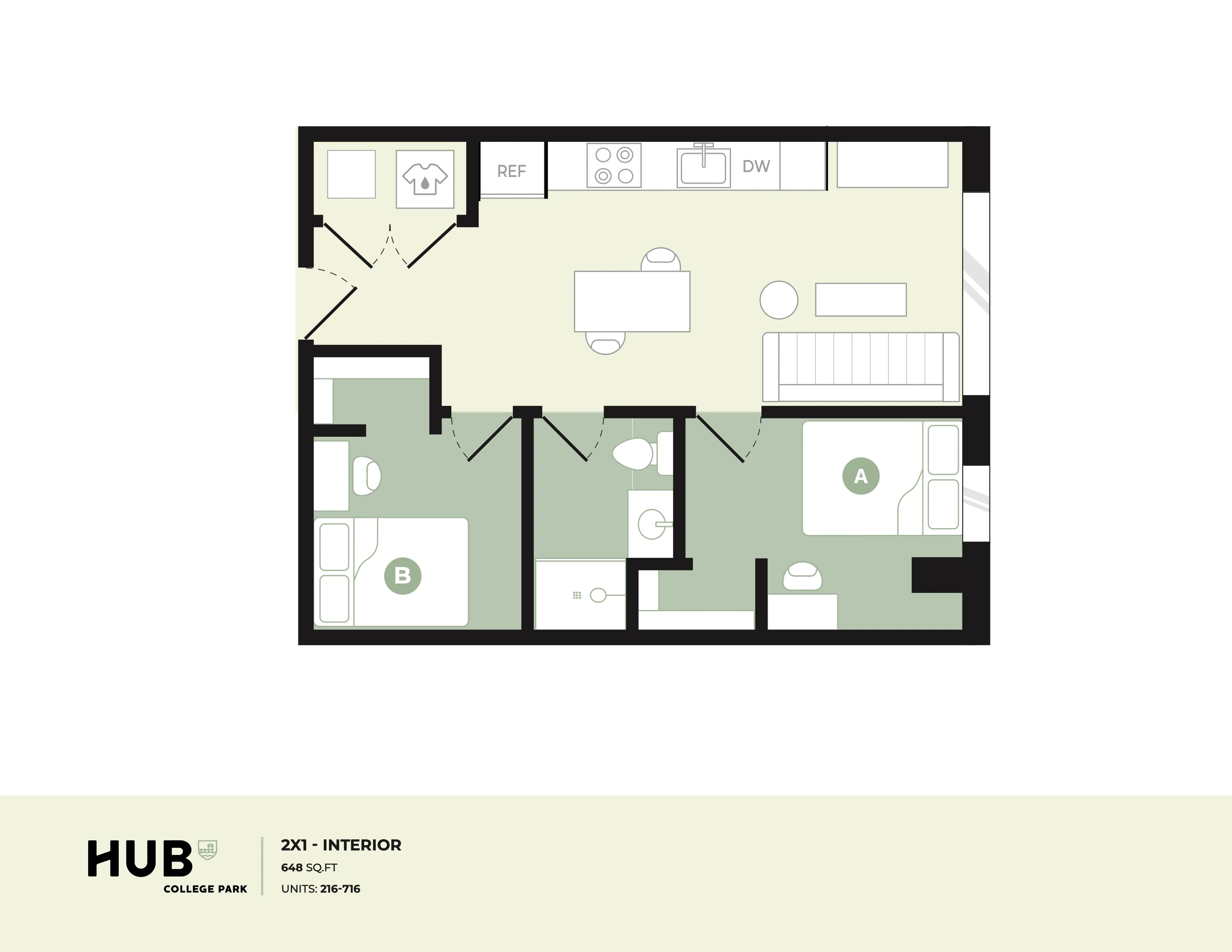 Modern floor plan featuring 2 bedrooms, open living area, and functional kitchen in 648 sq. ft at HUB College Park.