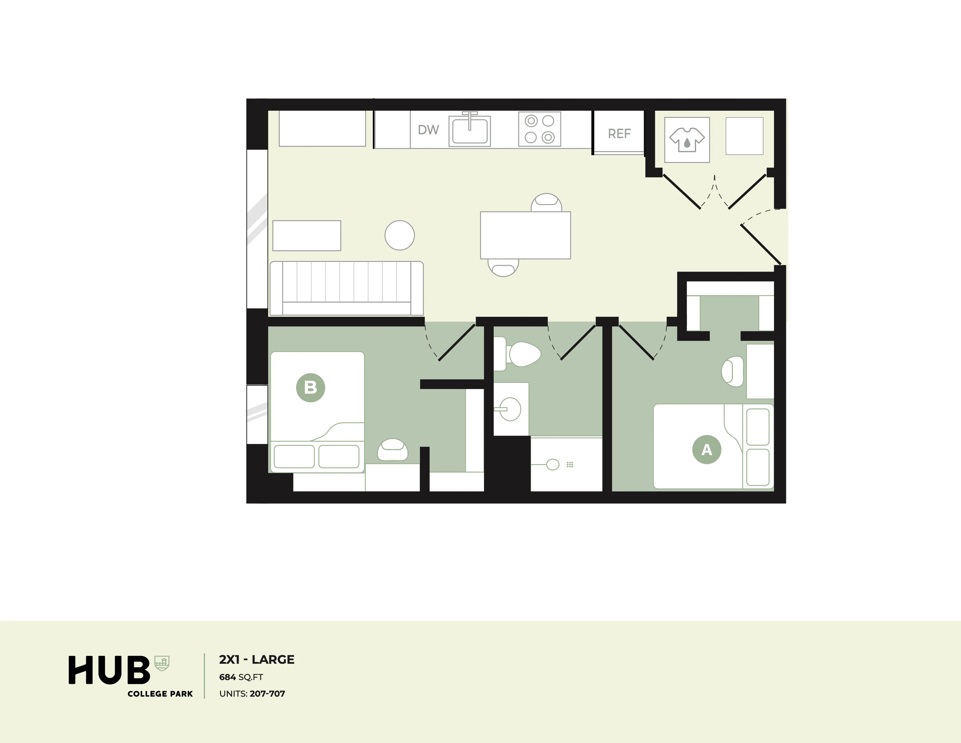 Modern 2-bedroom floor plan with an open living space, stylish kitchen, and two bathrooms at HUB College Park.