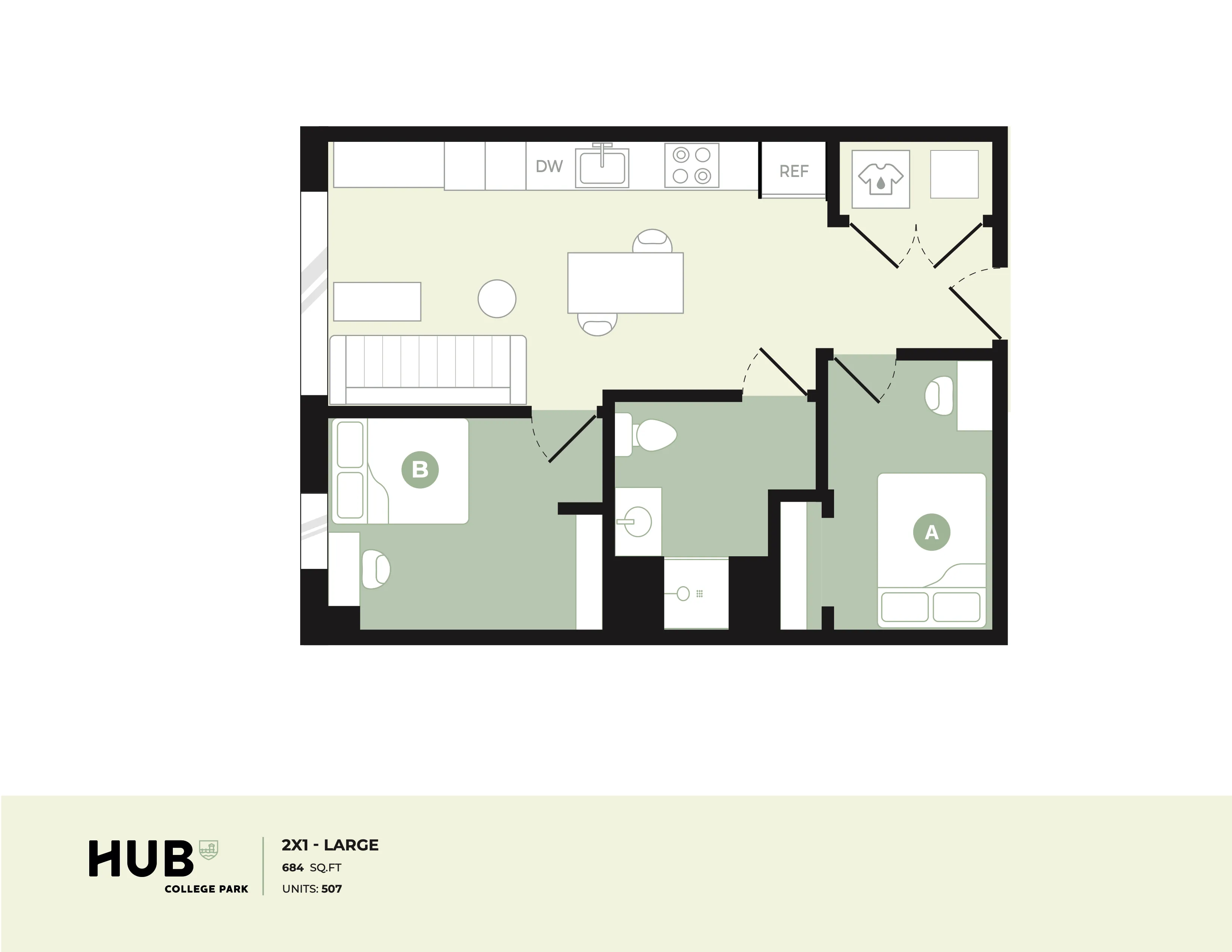 Modern floor plan of a spacious 684 sq ft apartment featuring 2 large bedrooms, a stylish open-concept living area, and a sleek kitchen at HUB College Park.