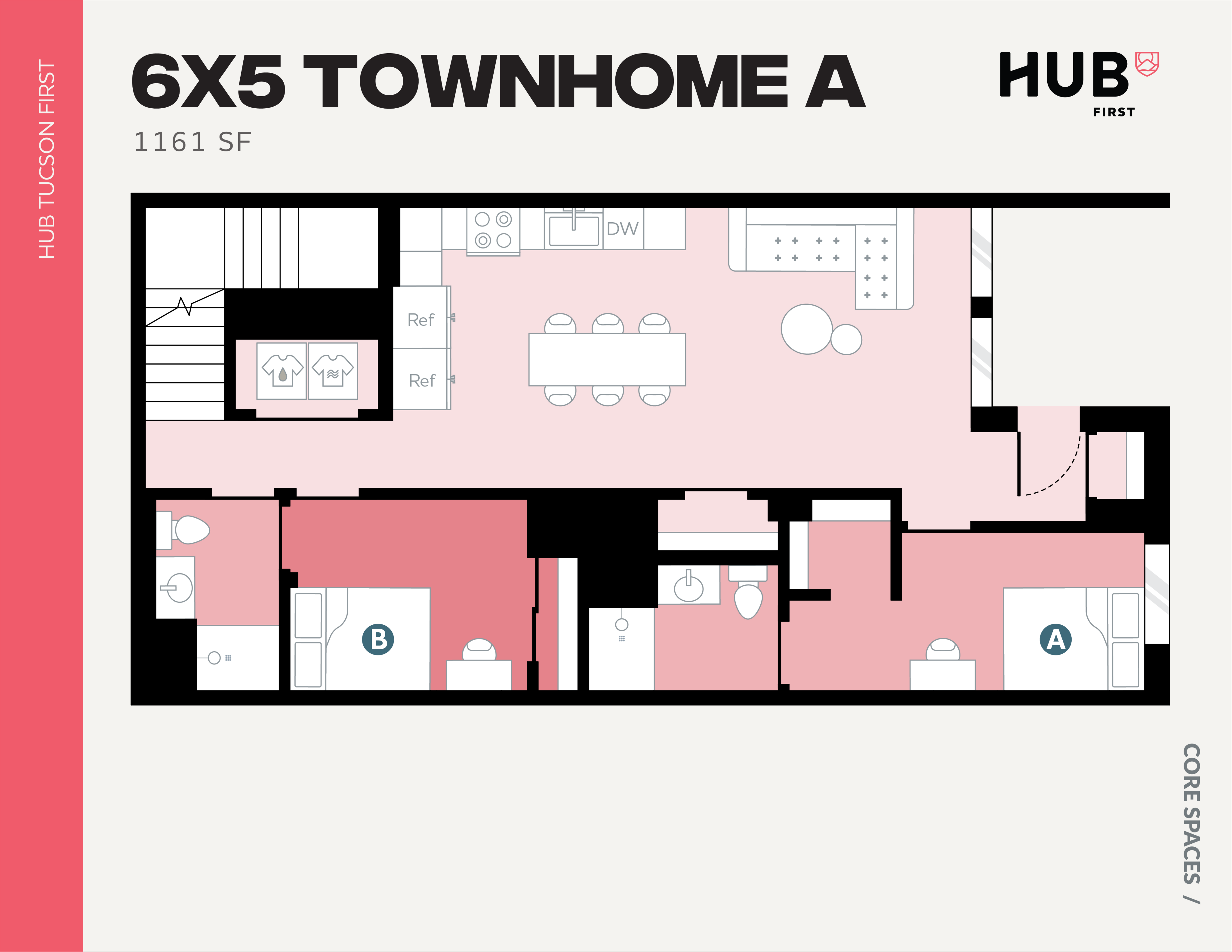 Modern 6x5 Townhome A floor plan featuring 1161 sq ft with inviting living and dining area, stylish kitchen, two cozy bedrooms, and convenient bathroom layout.