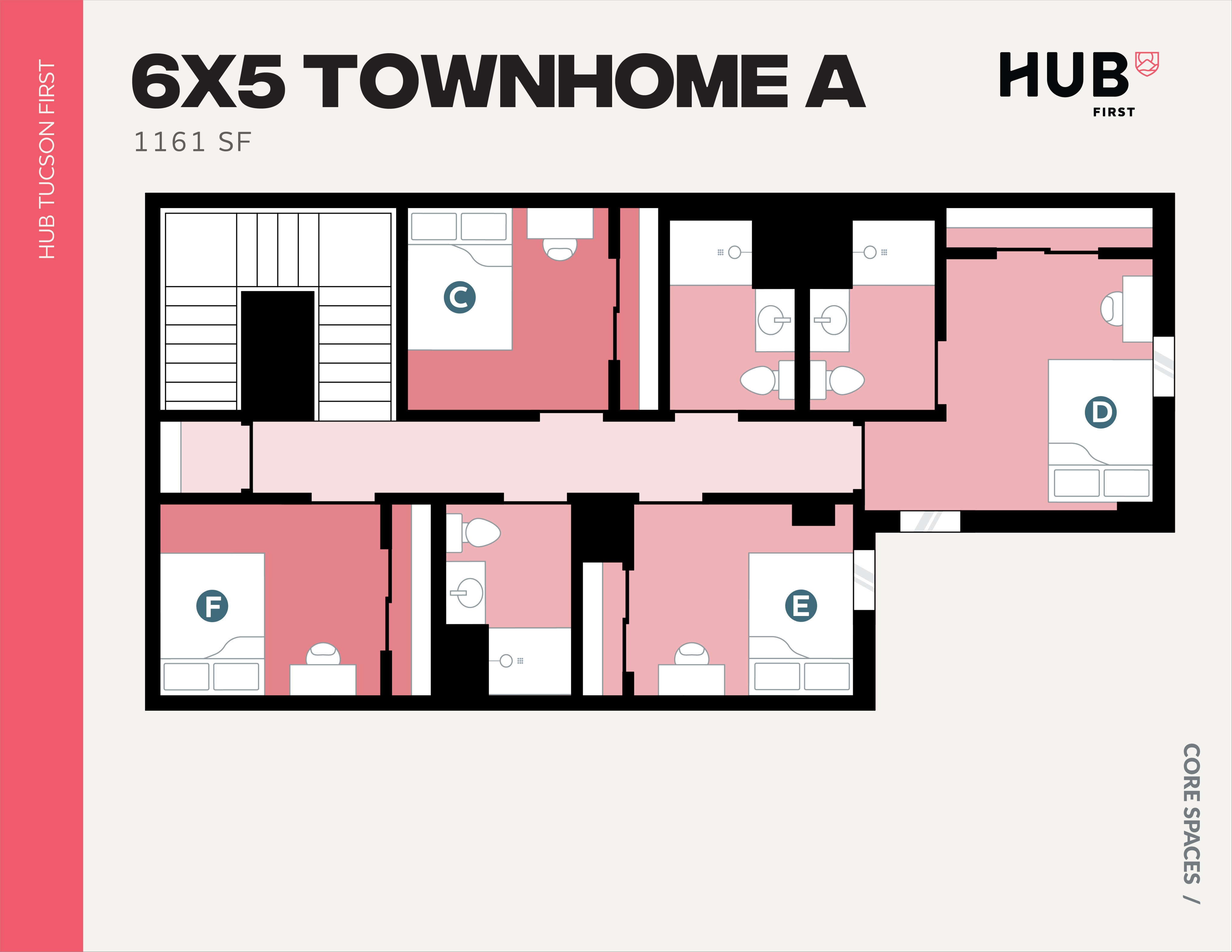 Chic 6x5 Townhome A floor plan featuring 1161 sq ft with multiple bedrooms, stylish bathroom setups, and functional living spaces.