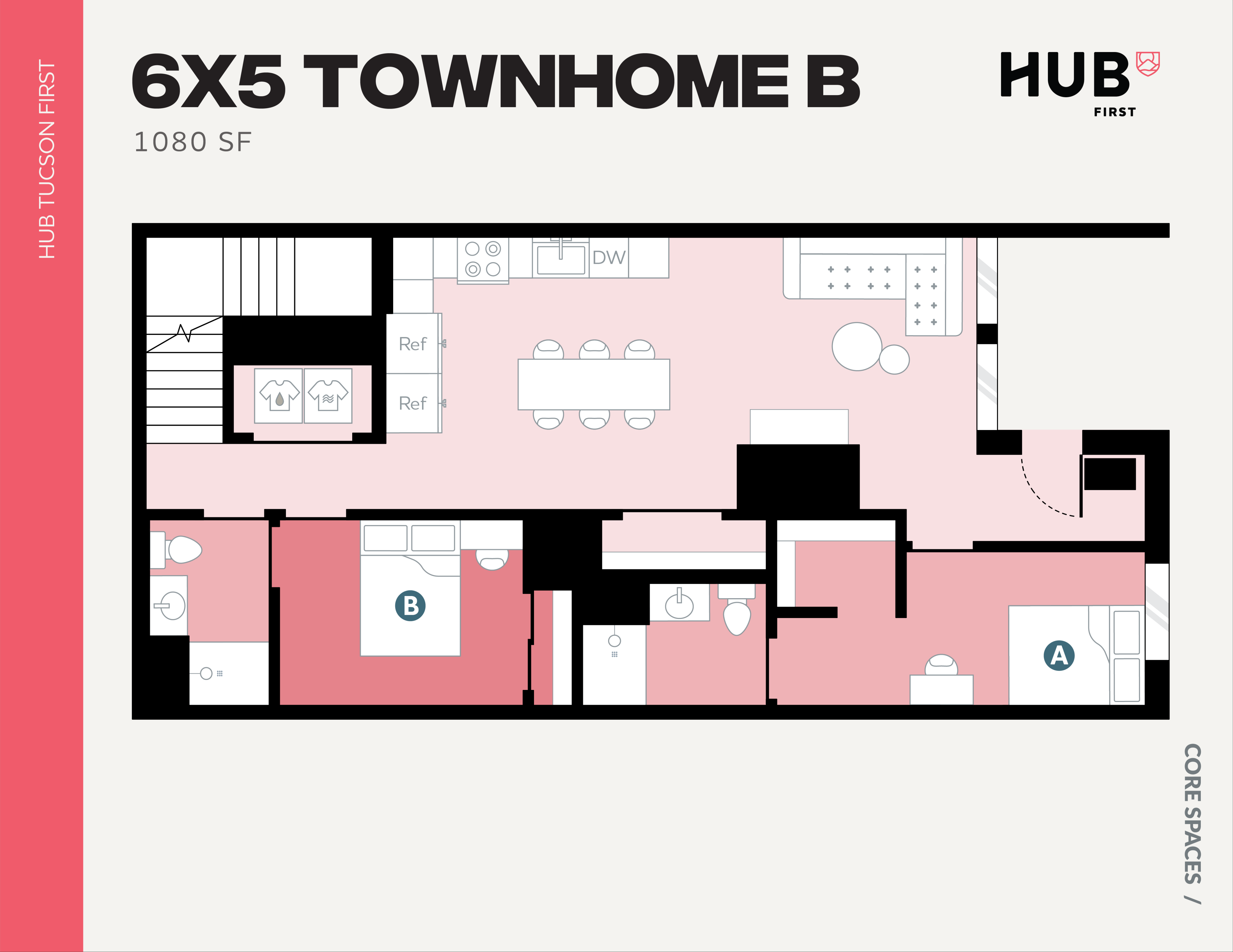 Elegant 6x5 townhome floor plan boasting 1080 sq ft with 2 spacious bedrooms, an open-concept kitchen, and cozy living area at Hub Tucson First.
