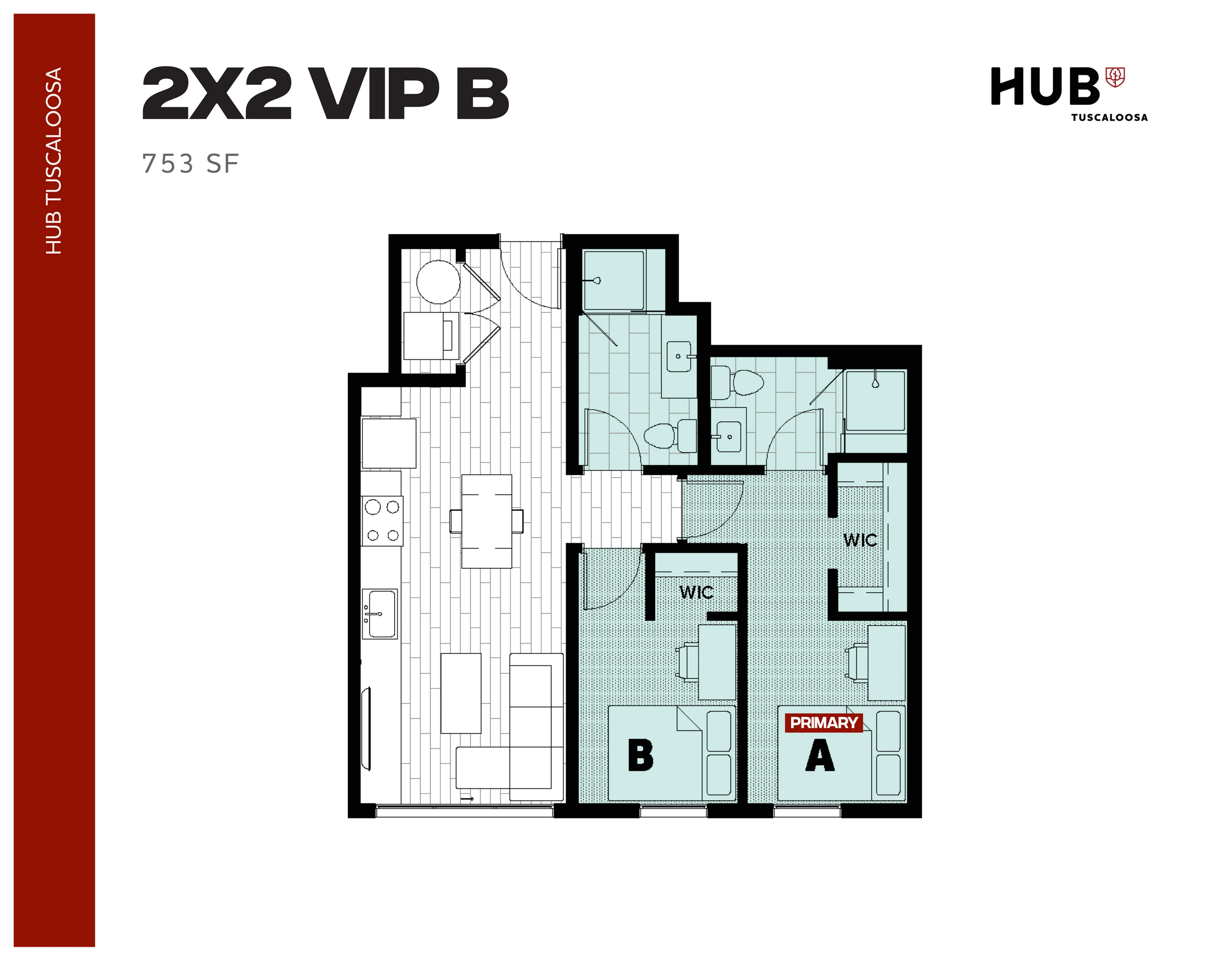 Modern 2D floor plan of a 2X2 VIP B apartment at HUB Tuscaloosa, featuring 2 bedrooms with walk-in closets, 2 bathrooms, and an open-concept living area with kitchen, 753 sq ft.