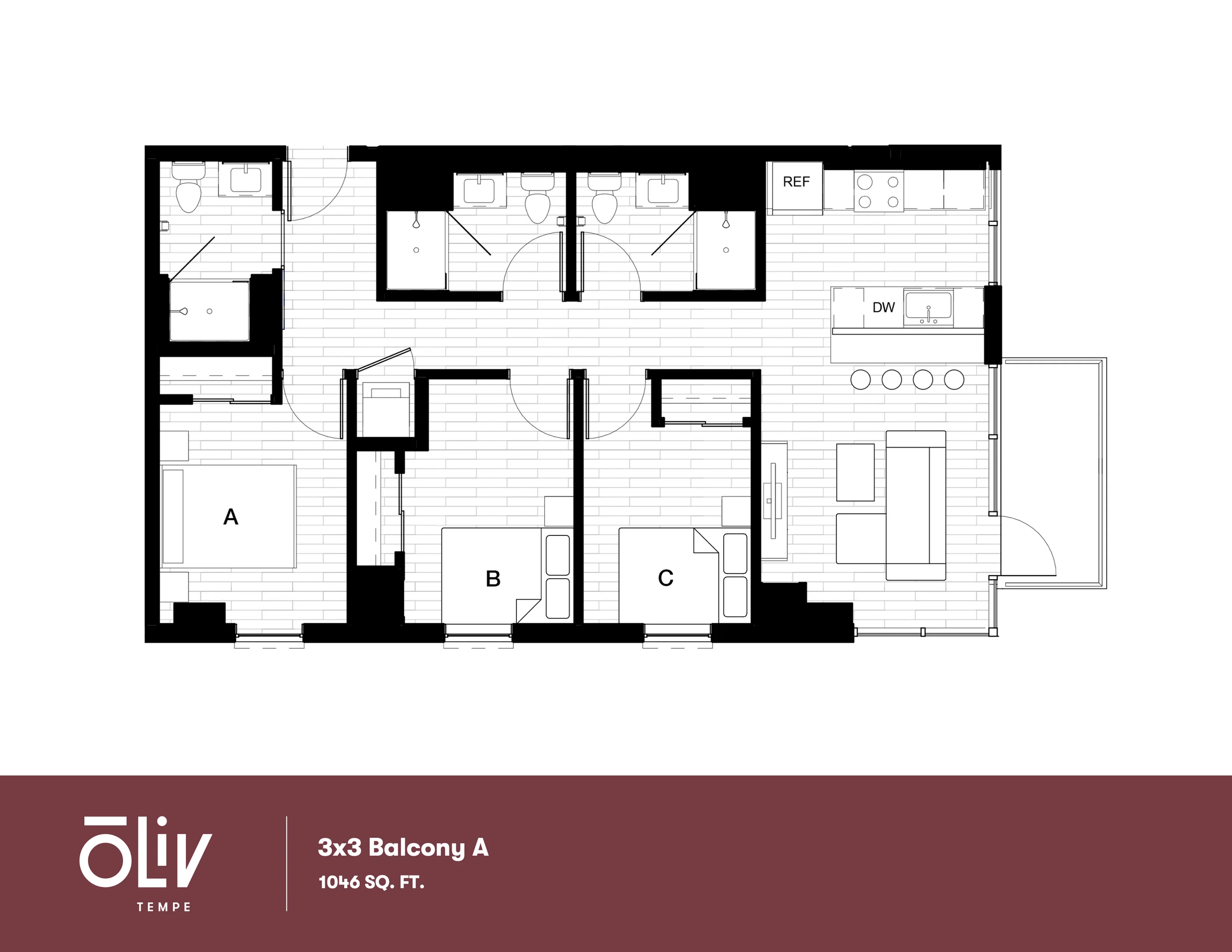 Contemporary 3x3 Balcony A floor plan with three bedrooms, open living area, modern kitchen, and spacious bathrooms, totaling 1046 sq. ft.