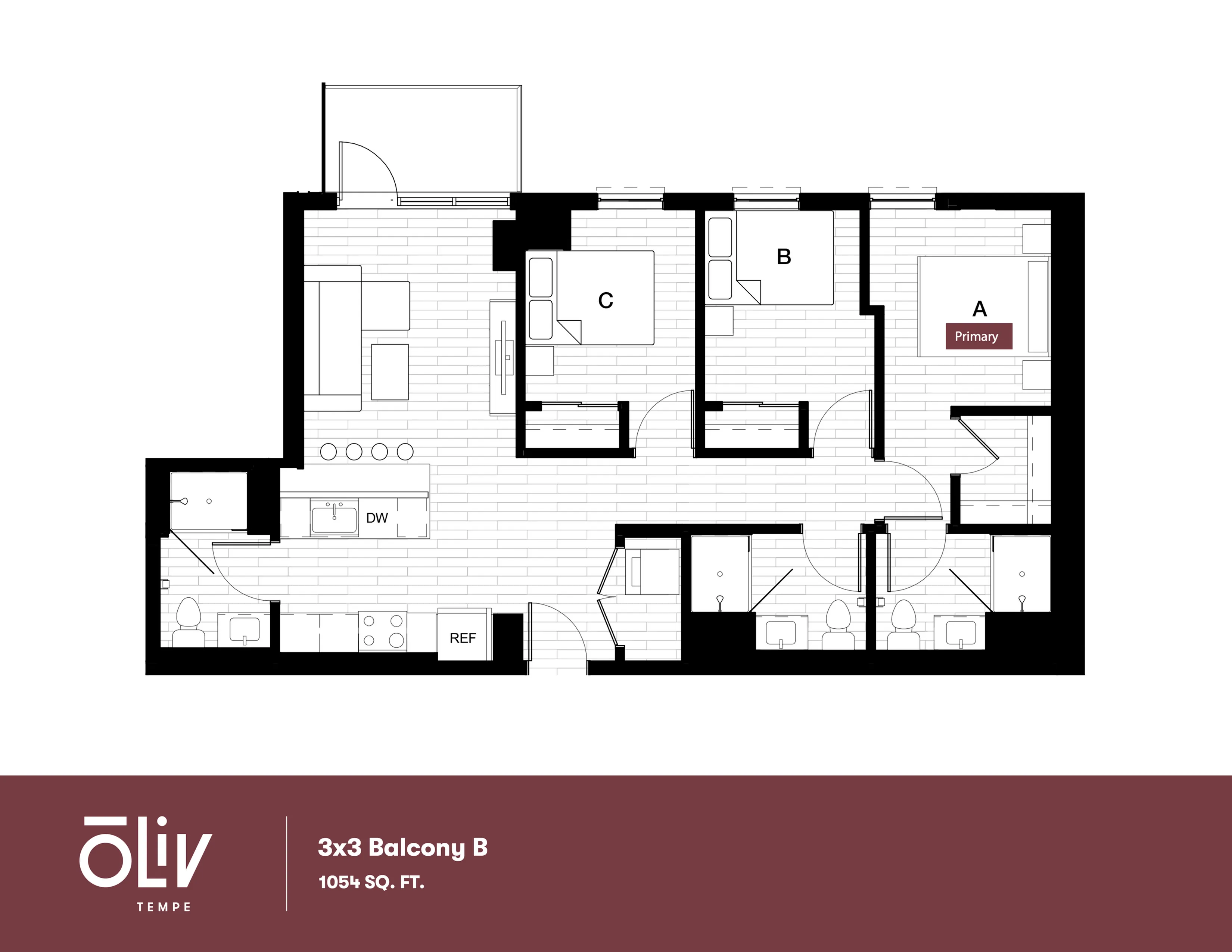 Chic 3x3 Balcony B floor plan with 3 bedrooms, open living area, modern kitchen, and spacious balcony, 1054 sq. ft.