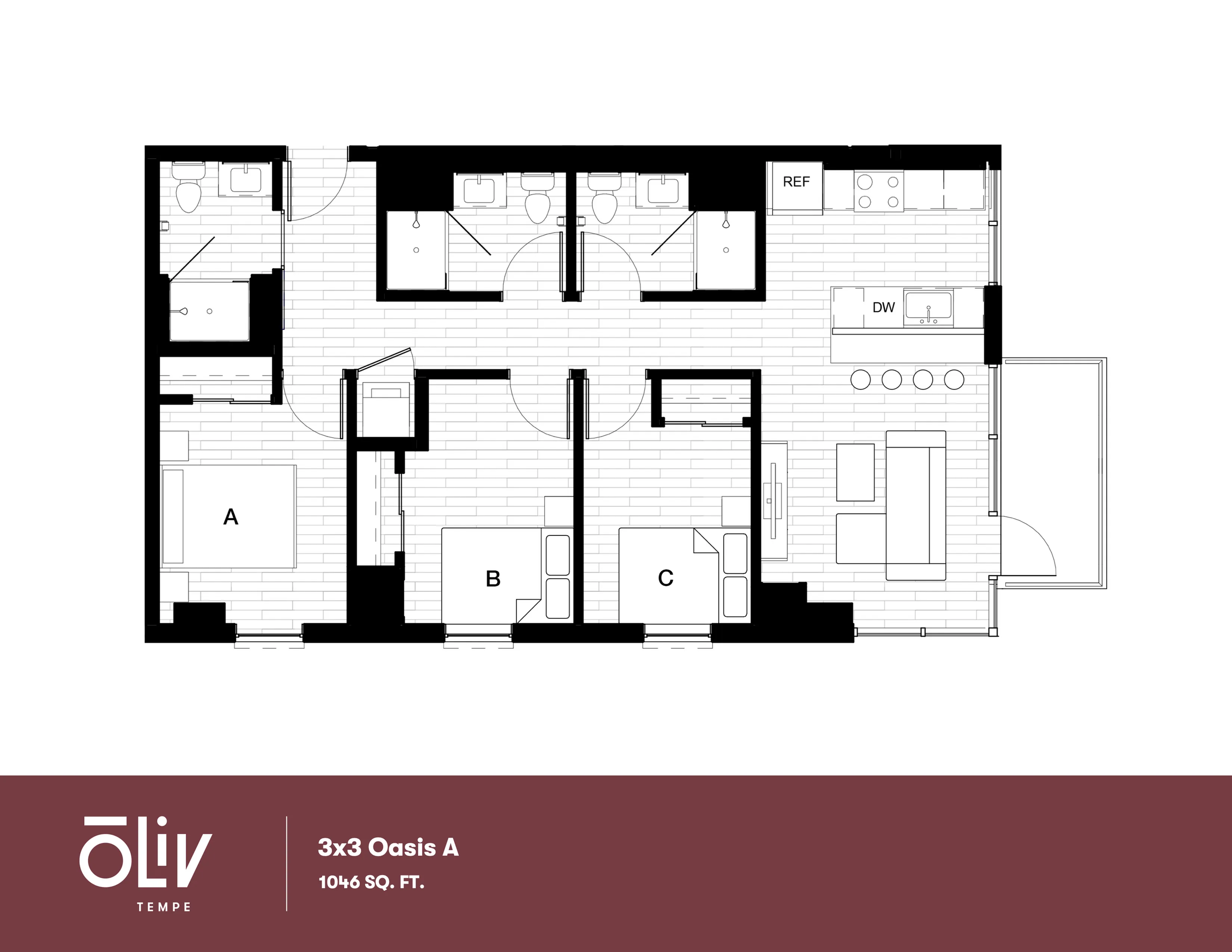 Modern 3x3 Oasis A floor plan with 3 bedrooms, open kitchen, and spacious living area, 1046 sq ft.