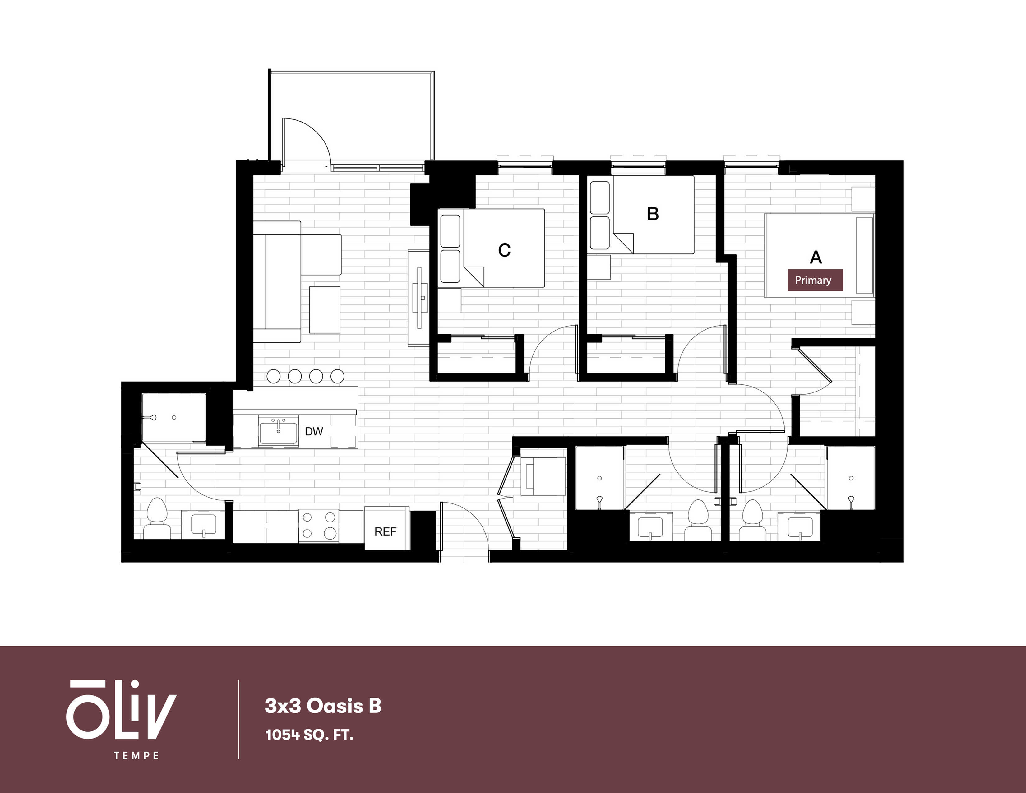 Oliv Tempe spacious 3x3 Oasis B floor plan showcasing three bedrooms, open living area, and modern kitchen, totaling 1054 sq ft.