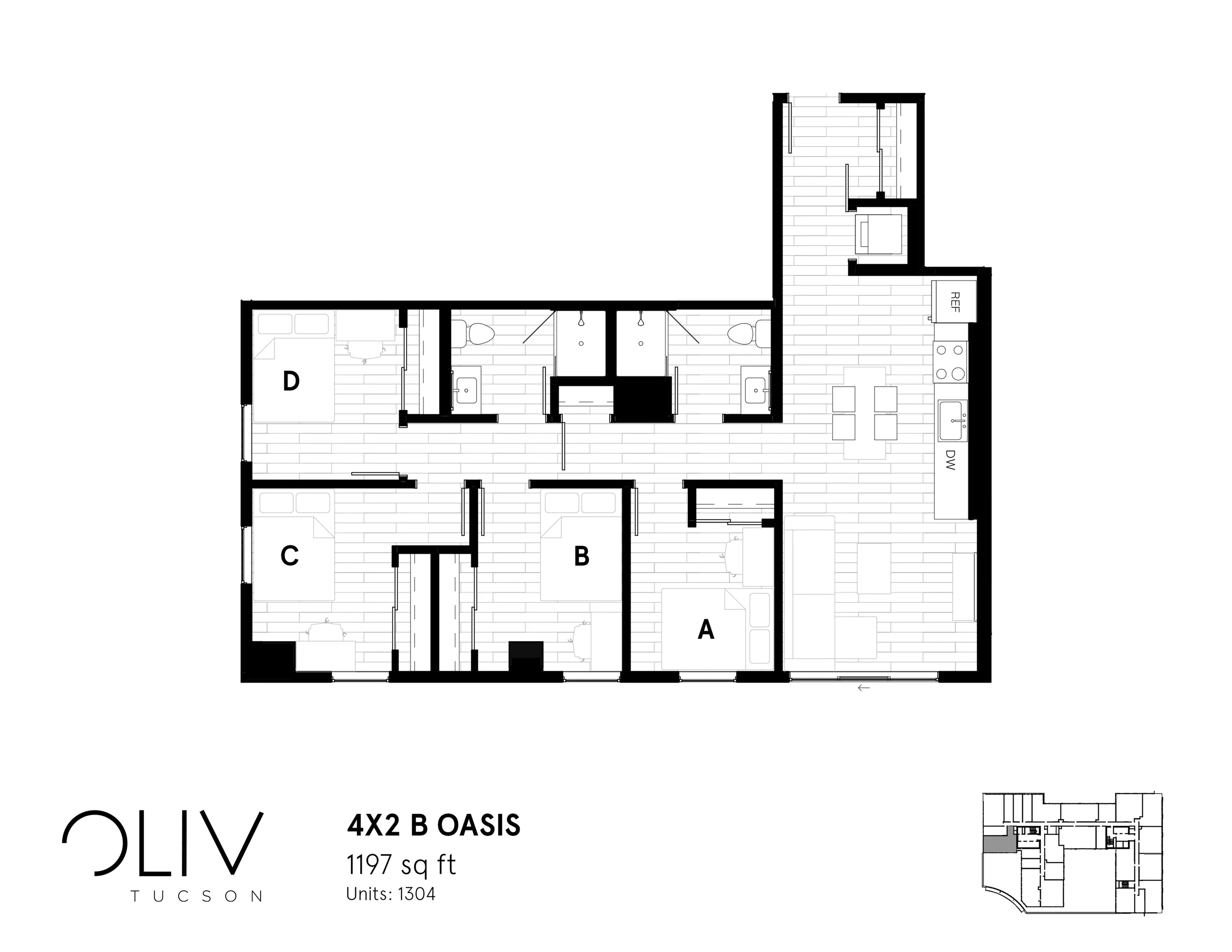 Modern 4-bedroom floor plan with 2 baths, open kitchen and living space, 1197 sq ft in Oliv Tucson.