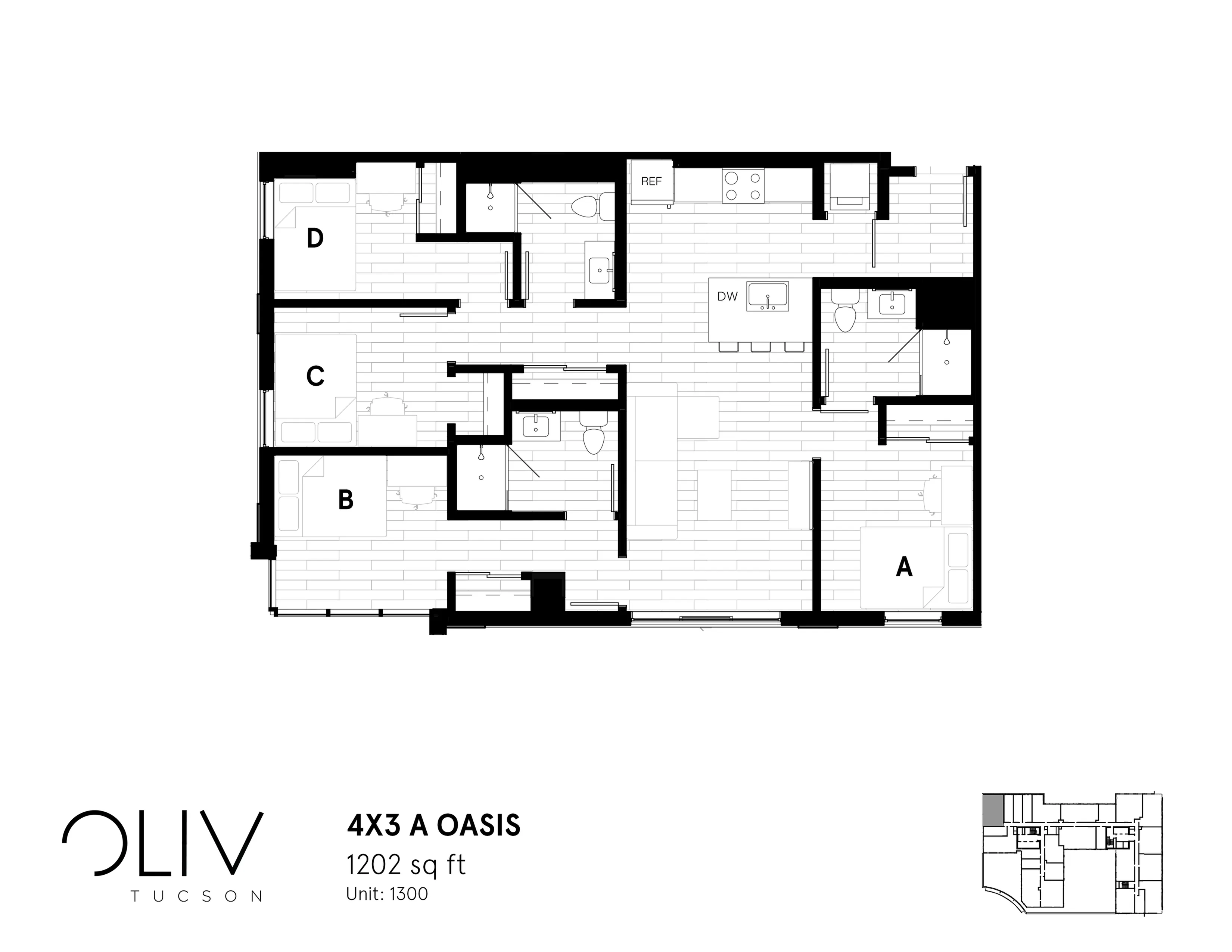 Spacious 4-bedroom floor plan of Oasis unit at Oliv Tucson, featuring modern kitchen, three bathrooms, and open-concept living area, 1202 sq ft.