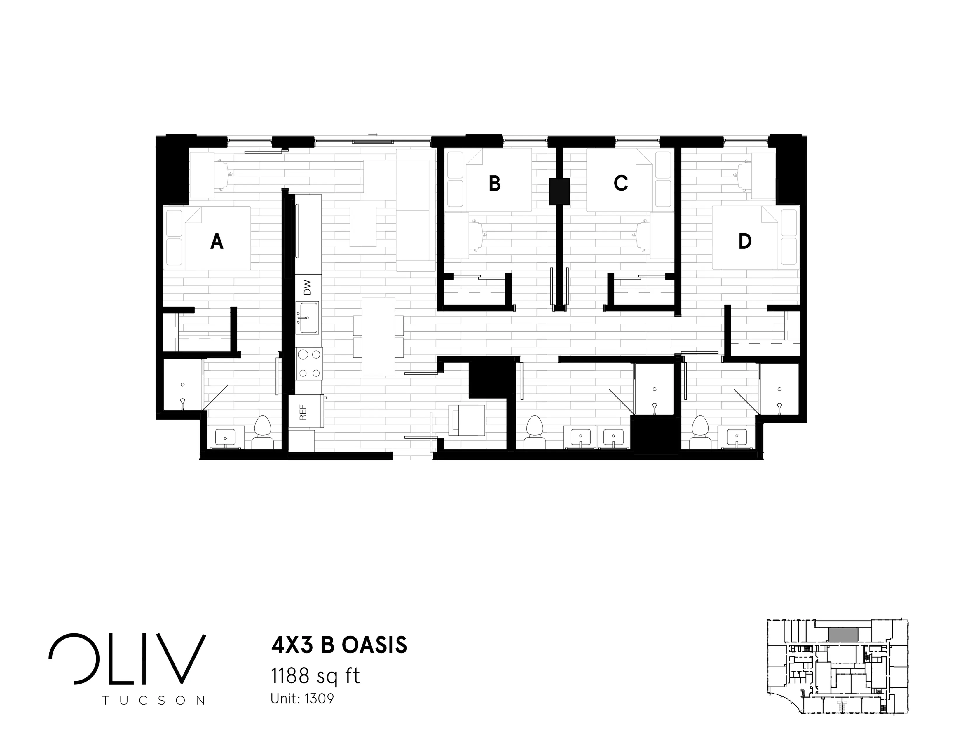 Elegant floor plan of the 4x3 B Oasis apartment, 1188 sq ft, featuring four bedrooms and three baths with open living spaces.