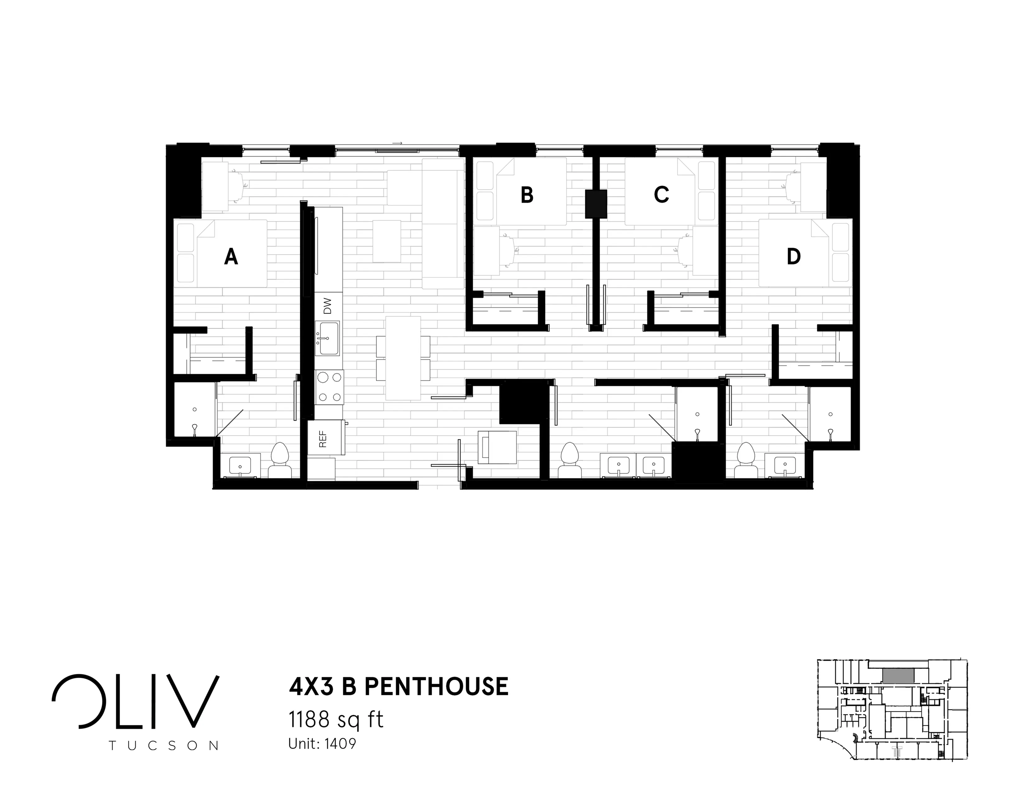 Modern 4-bedroom penthouse floor plan at Oliv Tucson, featuring a spacious open kitchen and living area, 3 bathrooms, and sleek design, totaling 1188 sq ft.