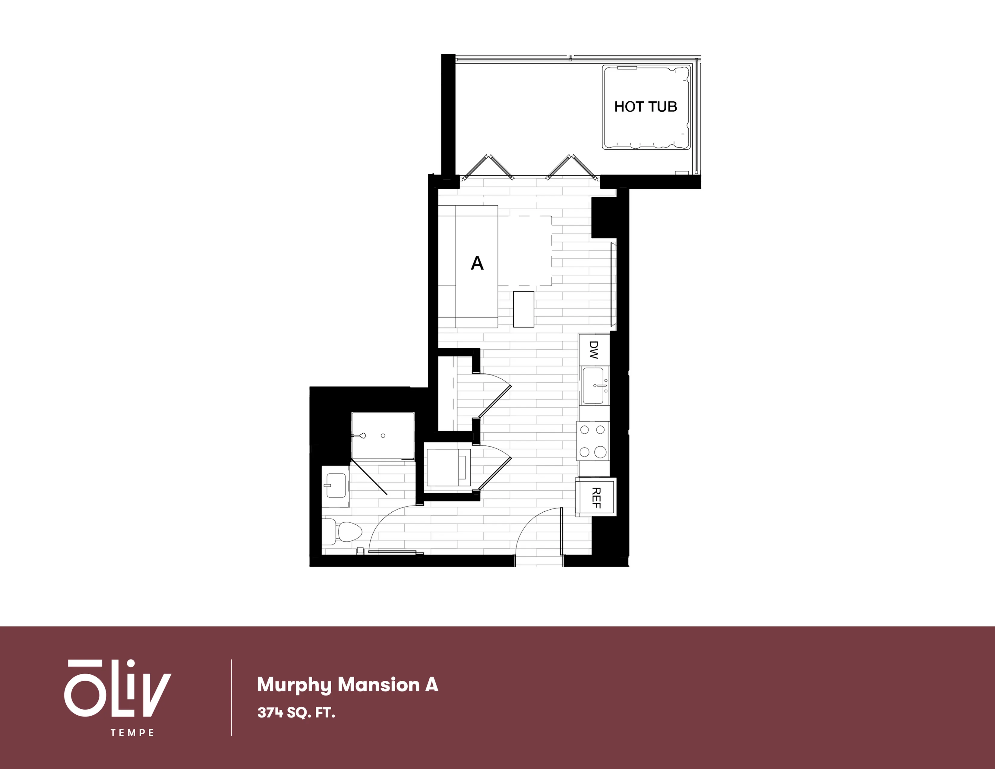 Murphy Mansion A floor plan featuring 374 sq. ft., modern studio design with open living space, kitchen, bathroom, and a luxurious hot tub area.