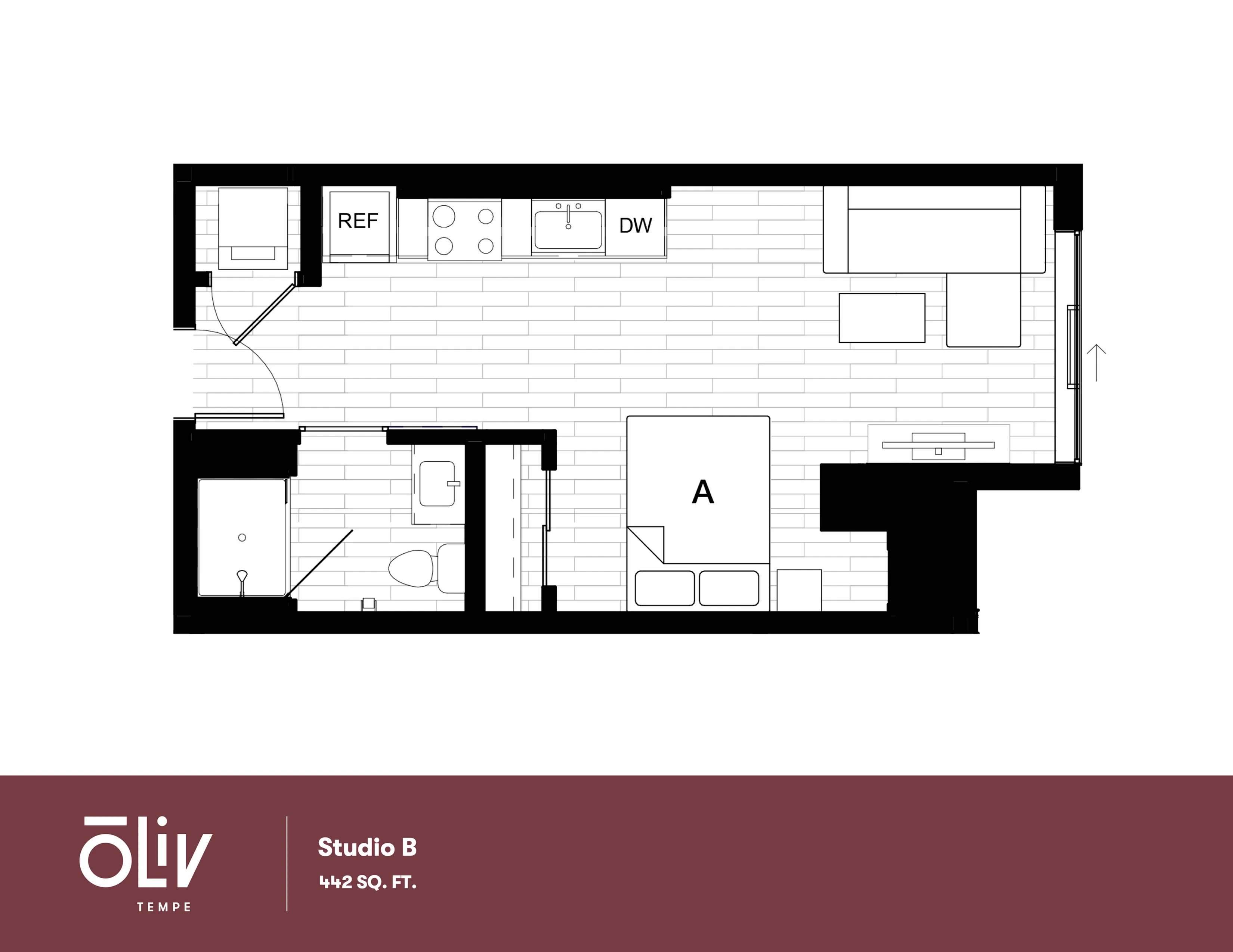Chic Studio B floor plan boasting an open layout with bedroom, modern kitchen, stylish living area, and efficient bathroom, totaling 442 sq. ft.