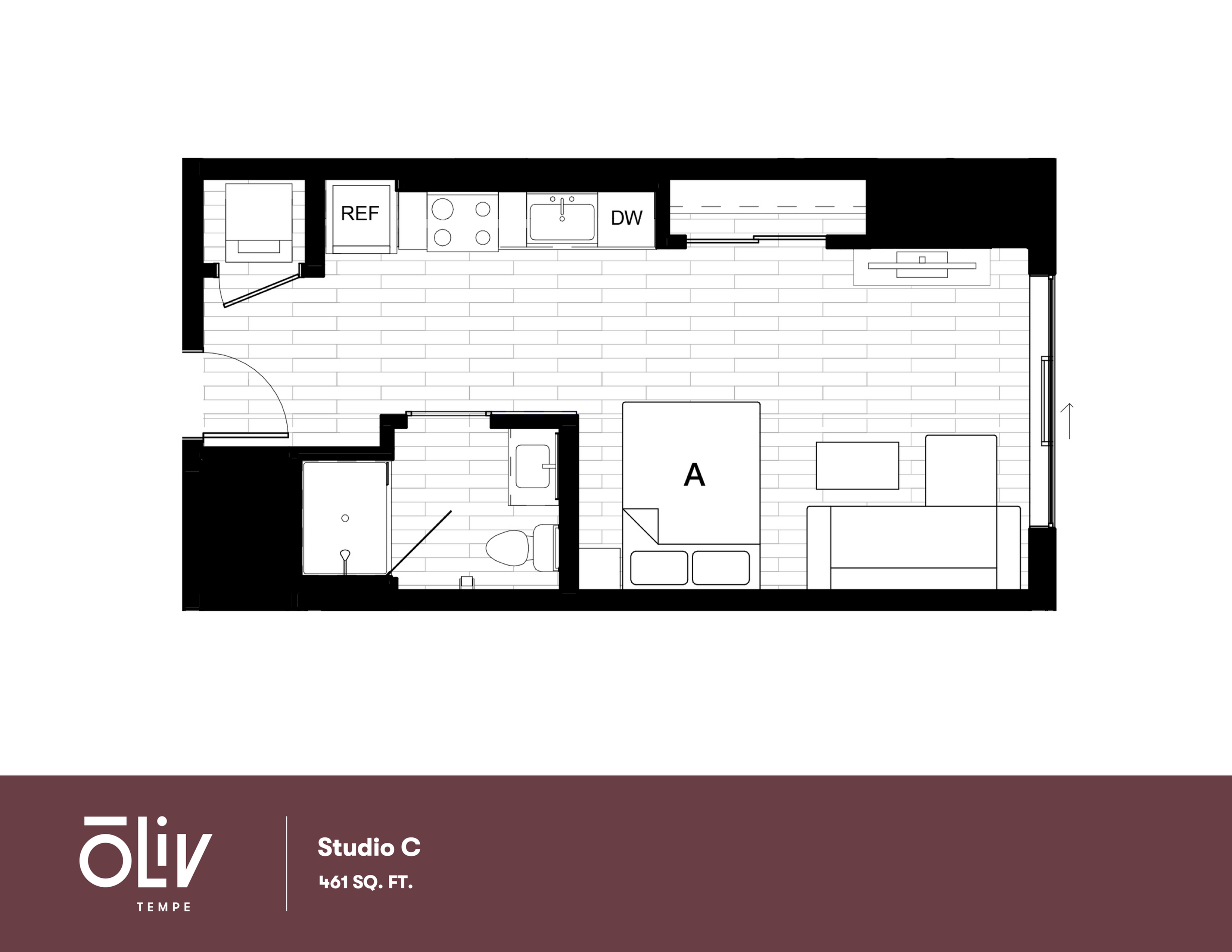 Elegant Studio C floor plan with open-concept design, featuring a cozy living area, modern kitchen, and sleek bathroom in 461 sq. ft.